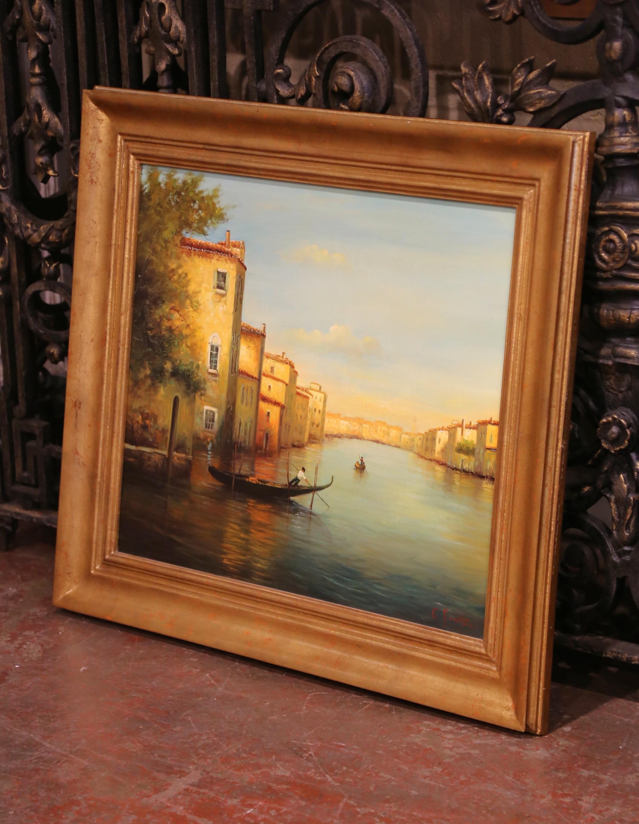 A luminous Venetian canal scene by French painter Georges Quintaine (1940–2020), celebrated for his romantic landscapes and atmospheric waterfronts. Executed in oil on canvas, the composition captures the golden light of late afternoon as it bathes
