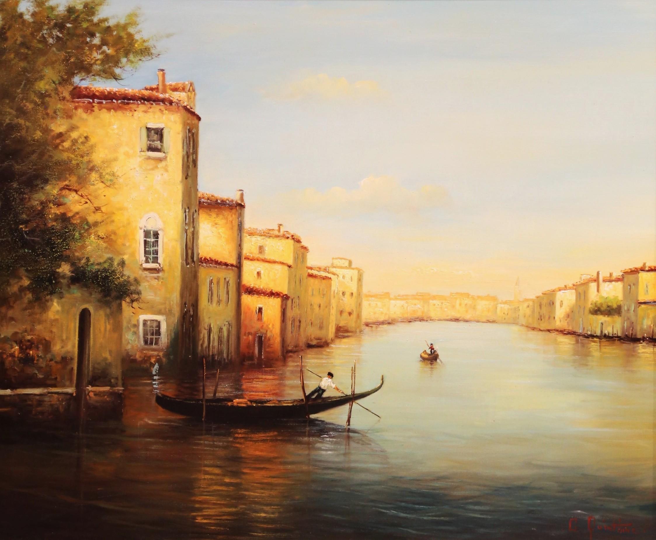 French Mid-Century Venetian Canal Oil Painting in Gilt Frame Signed Georges Quintaine For Sale