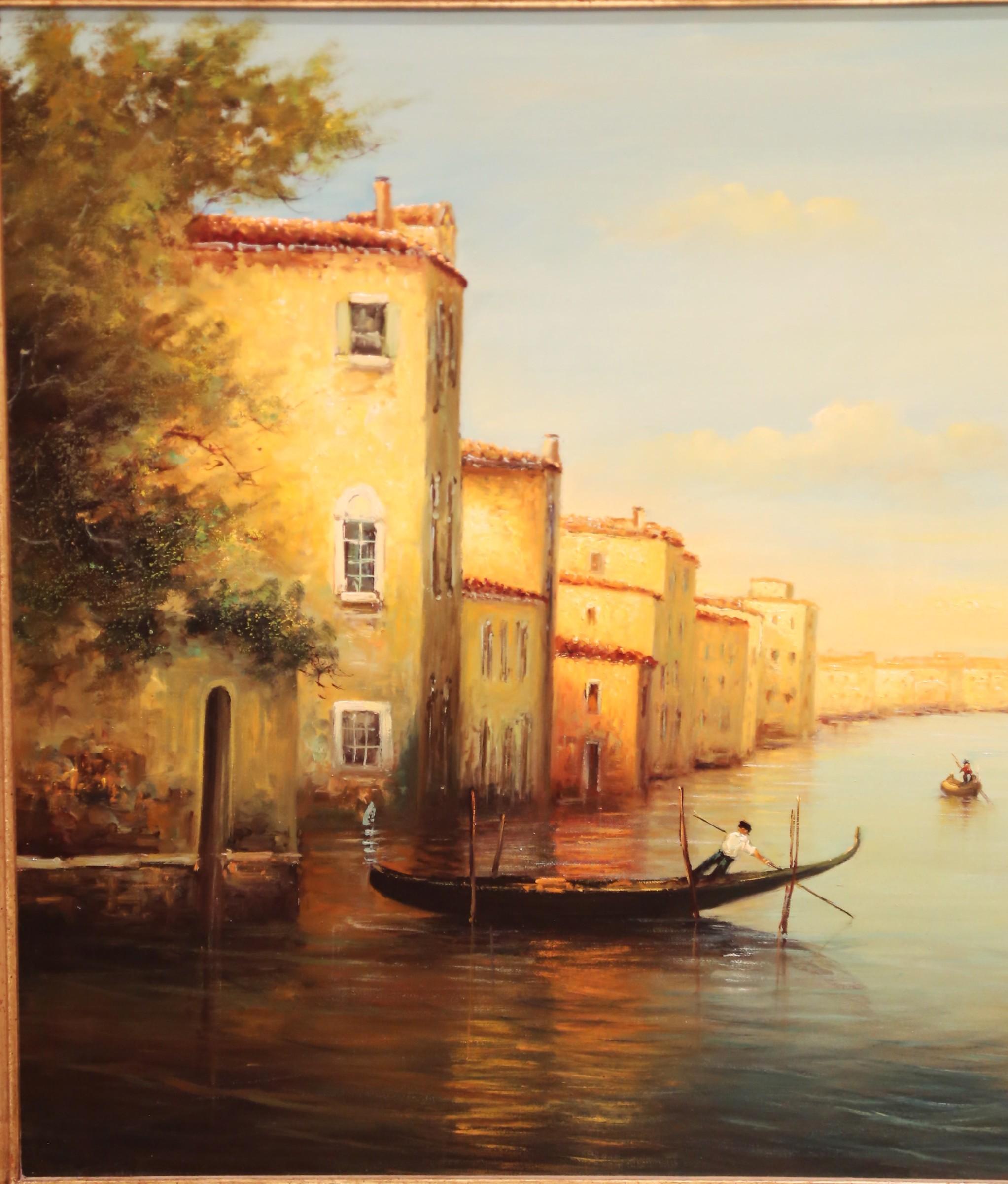 Carved Mid-Century Venetian Canal Oil Painting in Gilt Frame Signed Georges Quintaine For Sale