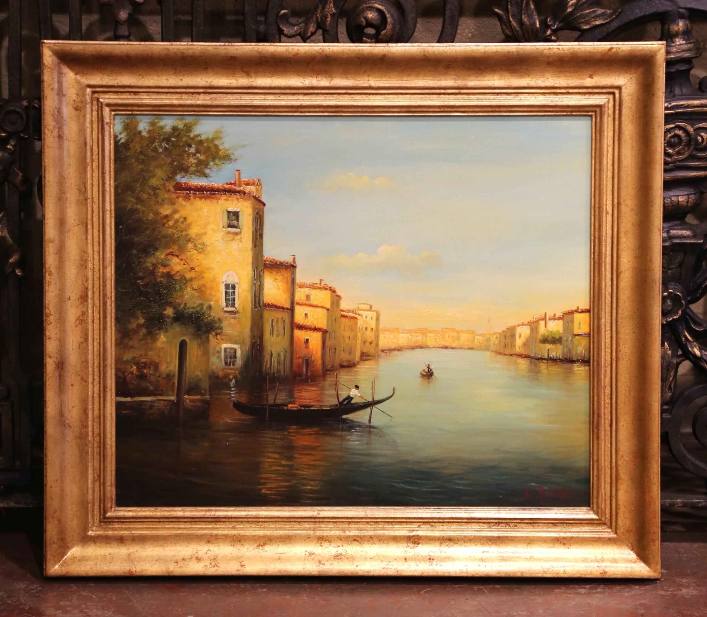 Mid-Century Venetian Canal Oil Painting in Gilt Frame Signed Georges Quintaine In Excellent Condition For Sale In Dallas, TX