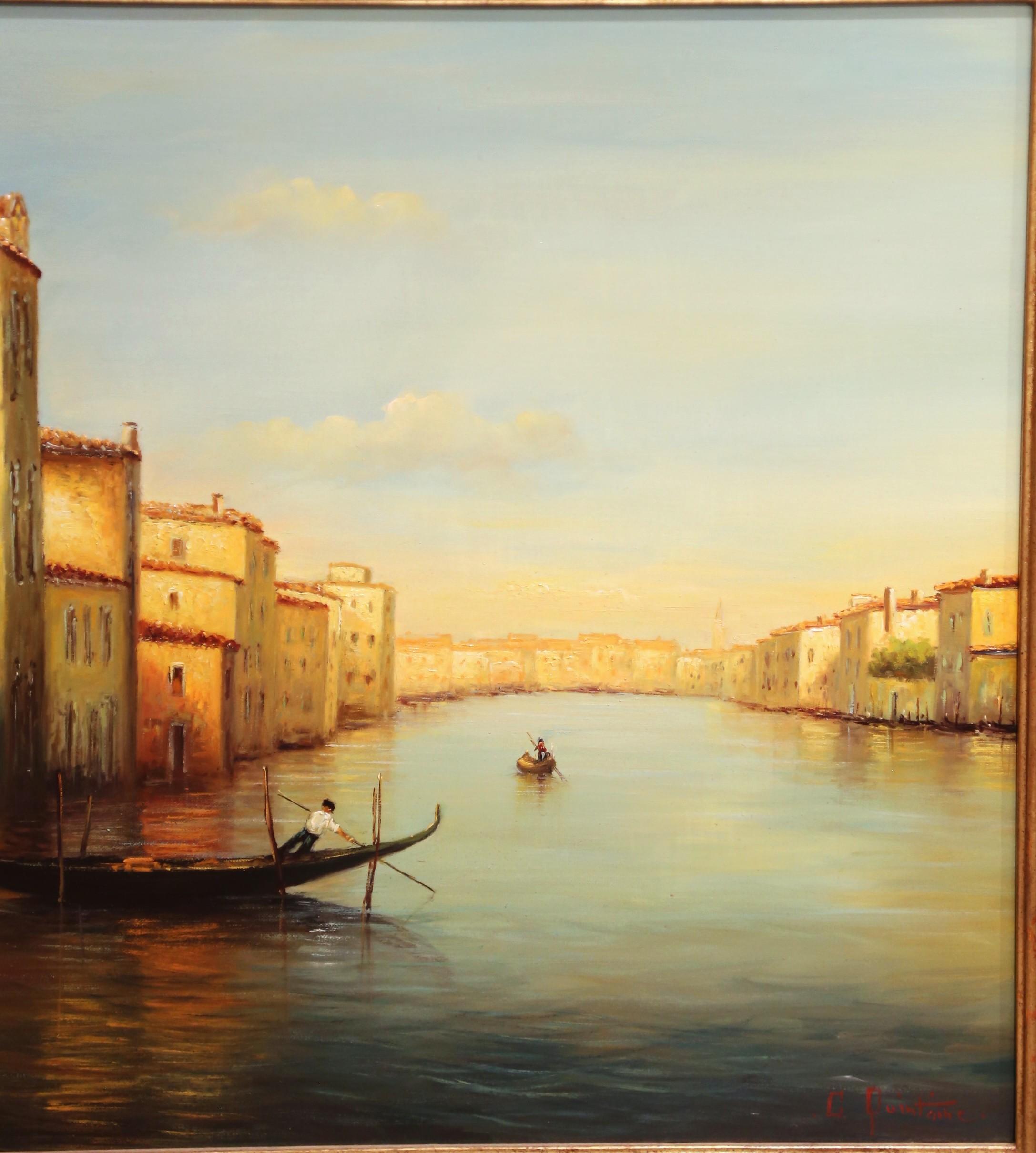 20th Century Mid-Century Venetian Canal Oil Painting in Gilt Frame Signed Georges Quintaine For Sale