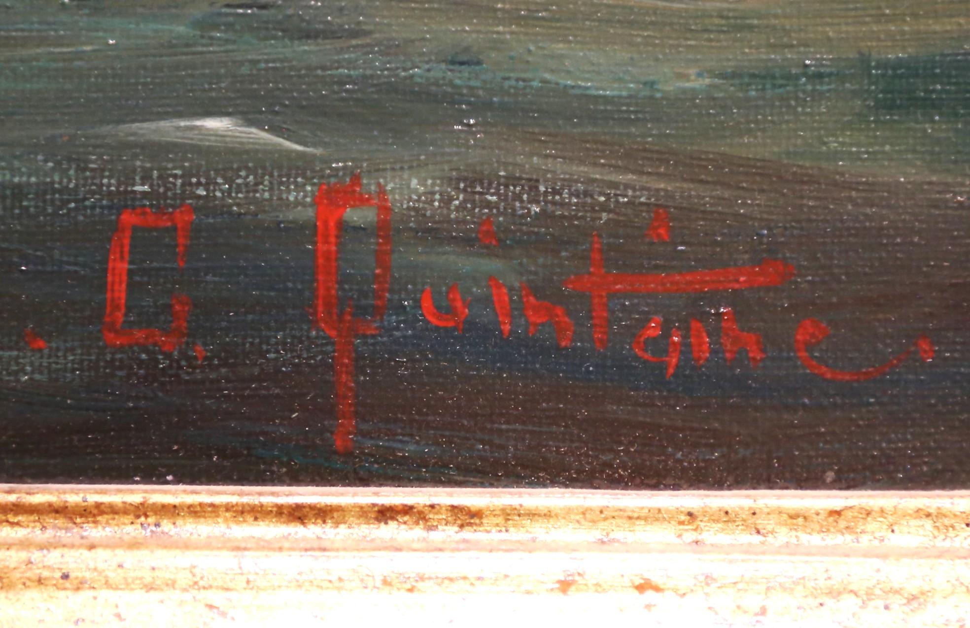 Canvas Mid-Century Venetian Canal Oil Painting in Gilt Frame Signed Georges Quintaine For Sale