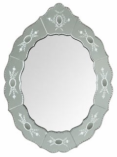 Mid-century Venetian Etched and Beveled Oval Mirror, circa 1960s