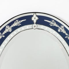 Mid-Century Venetian Glass Reverse-Etched Oval Mirror w/ Sapphire Blue Border