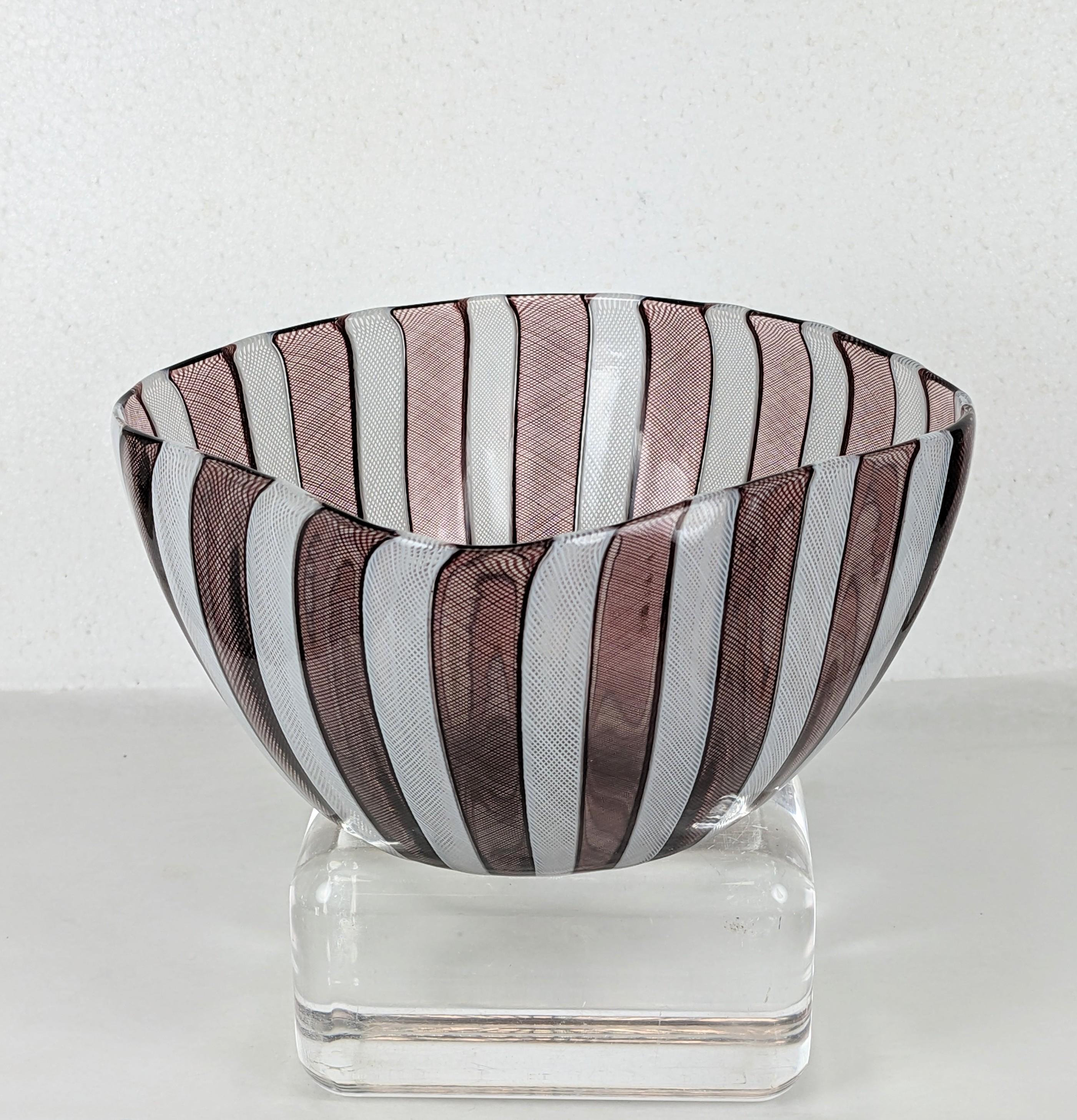 Elegant Venetian Squared Glass Bowl with ribbons of white and aubergine latticino work. Remnants of paper label circa 1950's, Murano Italy.