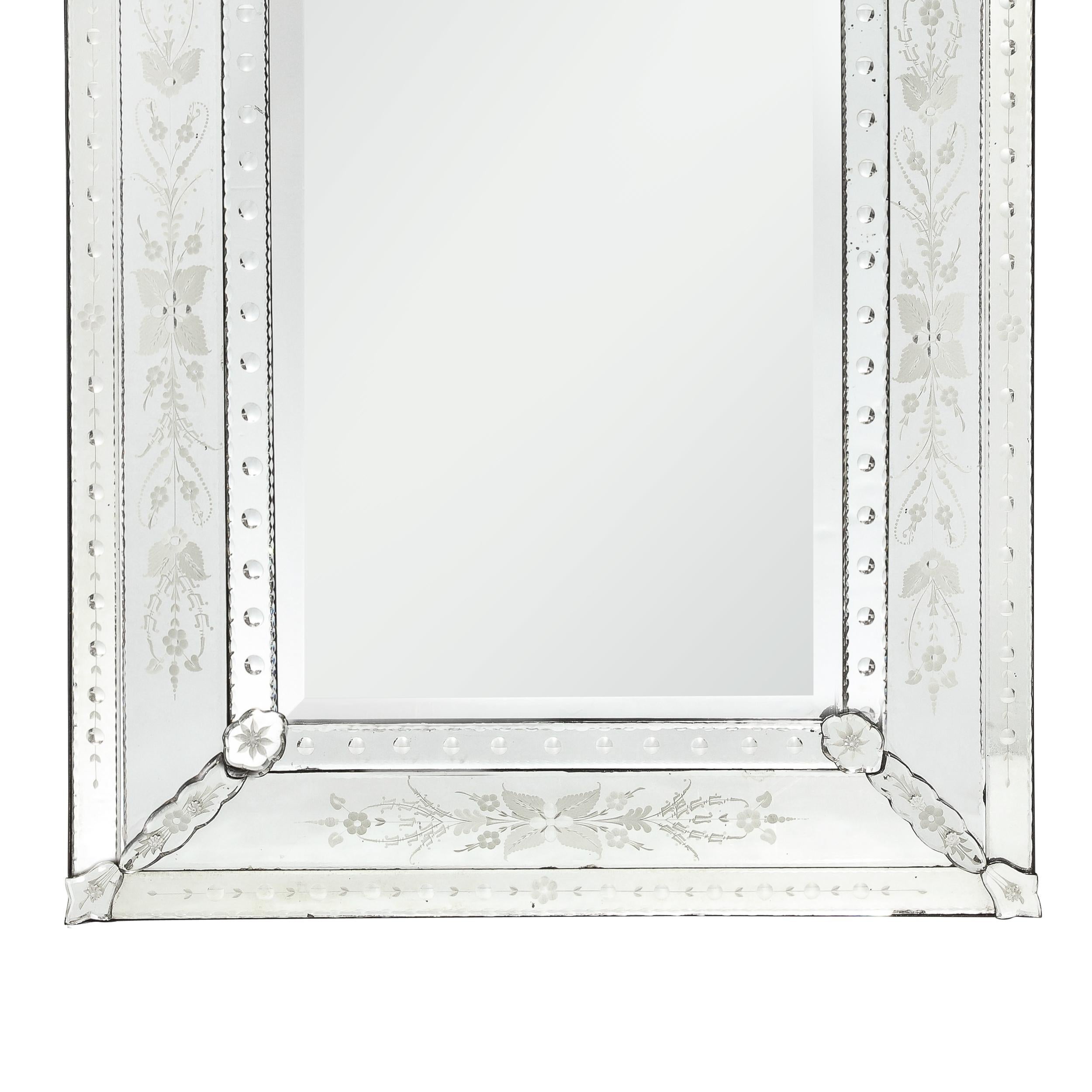 Mid-Century Modern Mid-Century Venetian Mirror Reversed Etched w/ Floral Appliques & Beveled Detail For Sale