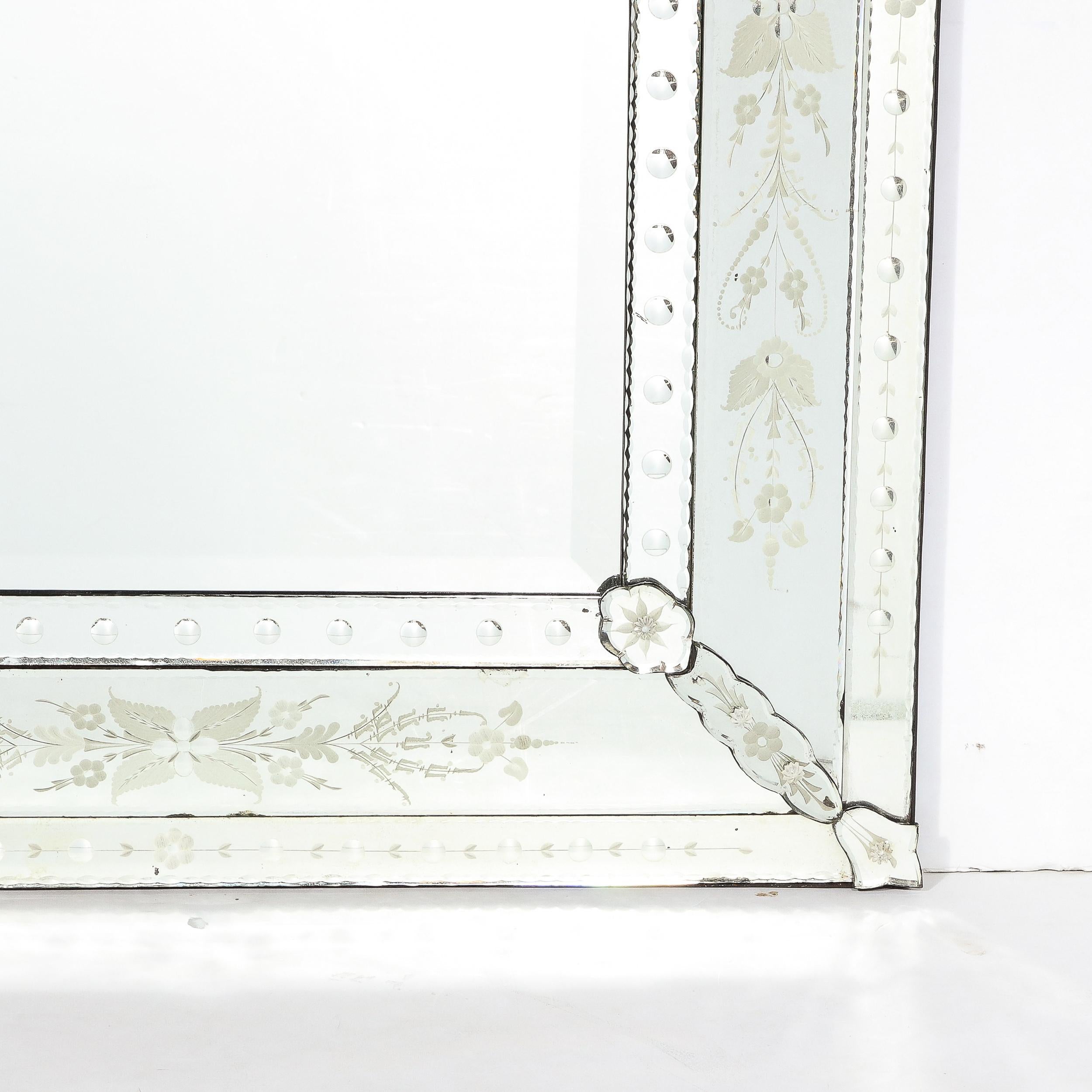Italian Mid-Century Venetian Mirror Reversed Etched w/ Floral Appliques & Beveled Detail For Sale