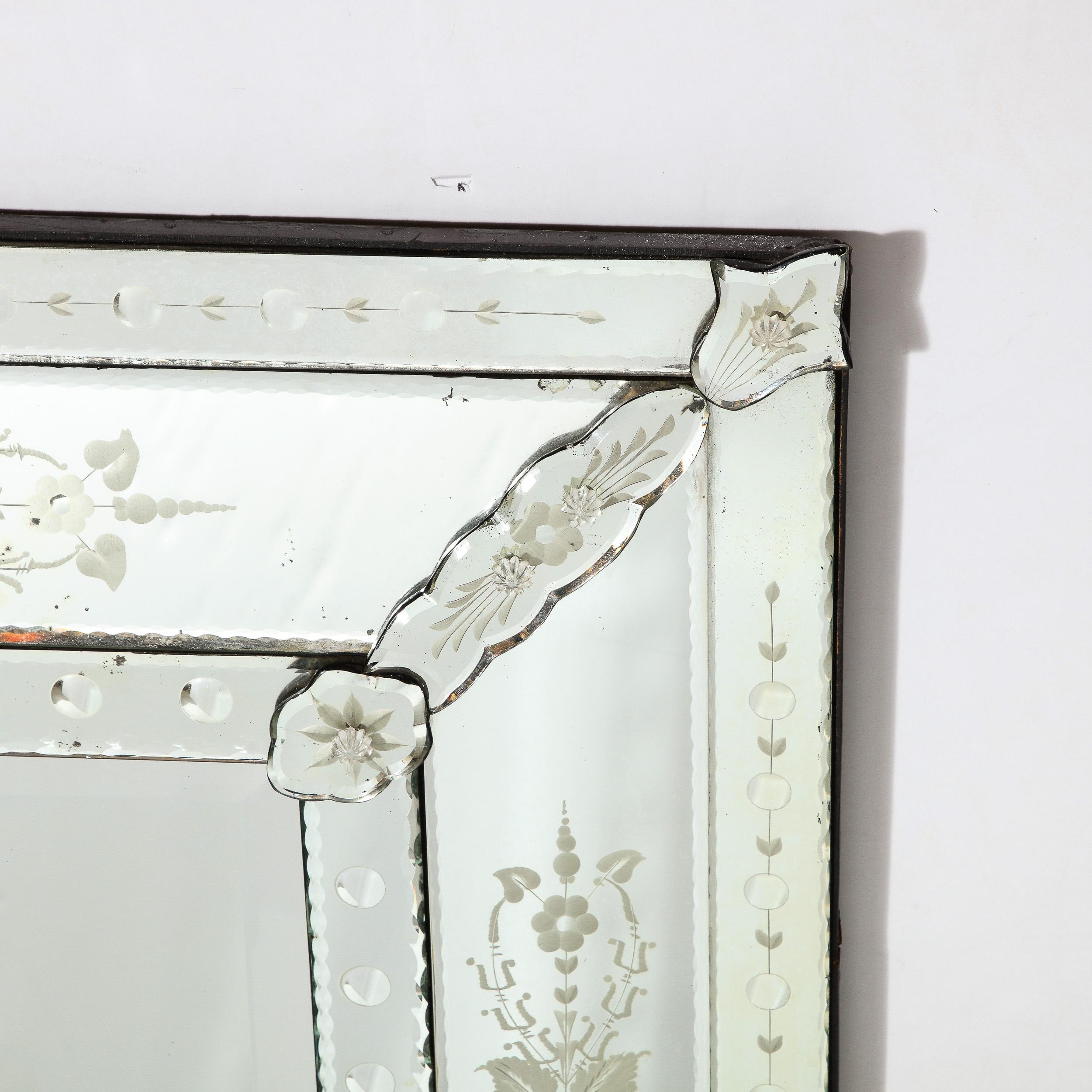 Mid-Century Venetian Mirror Reversed Etched w/ Floral Appliques & Beveled Detail In Excellent Condition For Sale In New York, NY