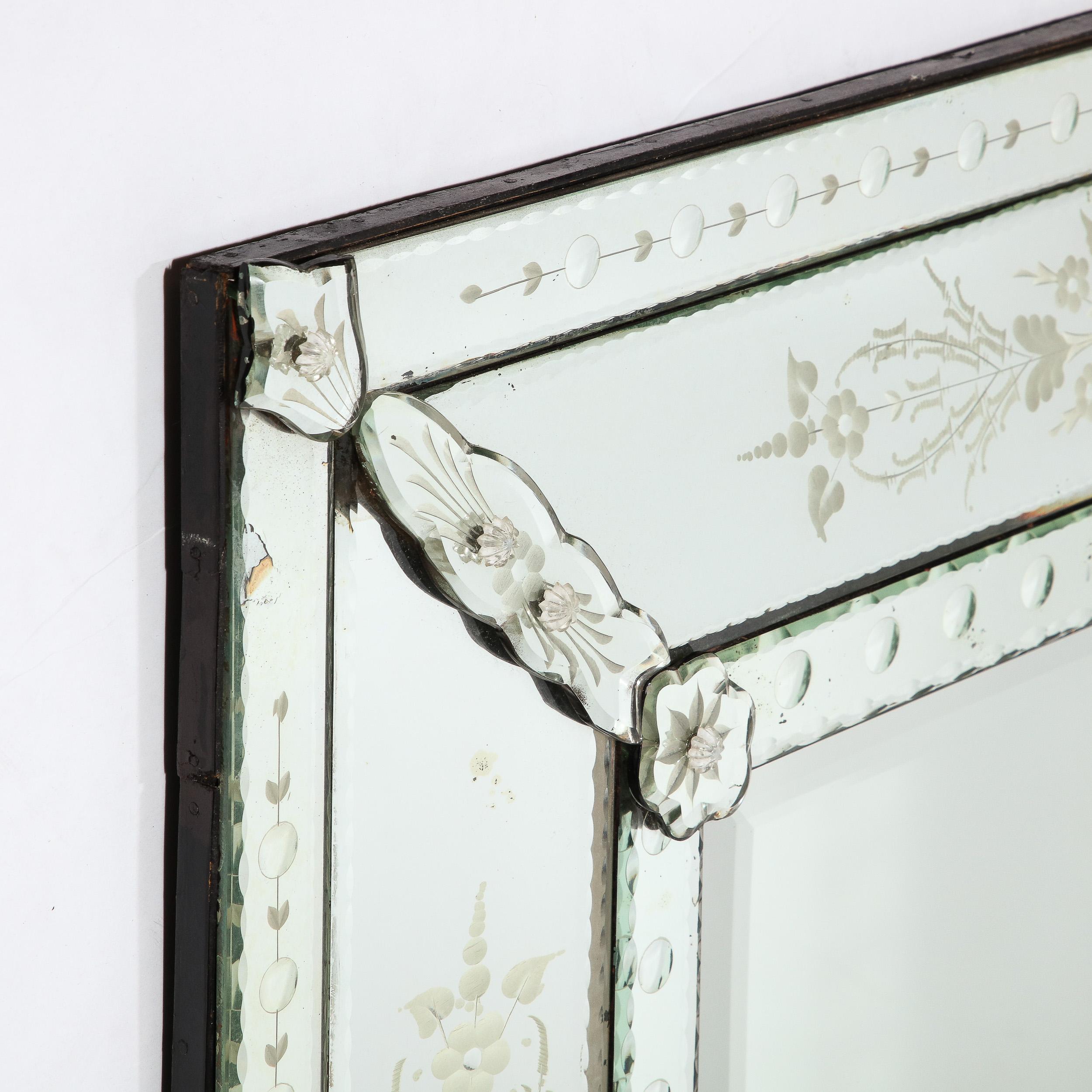 Mid-Century Venetian Mirror Reversed Etched w/ Floral Appliques & Beveled Detail For Sale 1