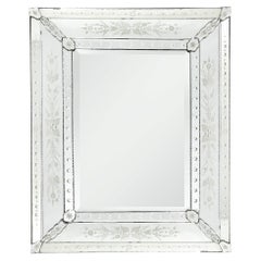 Mid-Century Venetian Mirror Reversed Etched w/ Floral Appliques & Beveled Detail