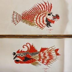 Mid-Century Venetian Modern Bamboo Gerahmte Gemälde Antonio Ravagnan Fisch -S/2