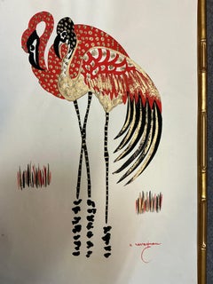 Mid-Century Venetian Modern Framed Bamboo Paintings A. Ravagnan Flamingos -S/2