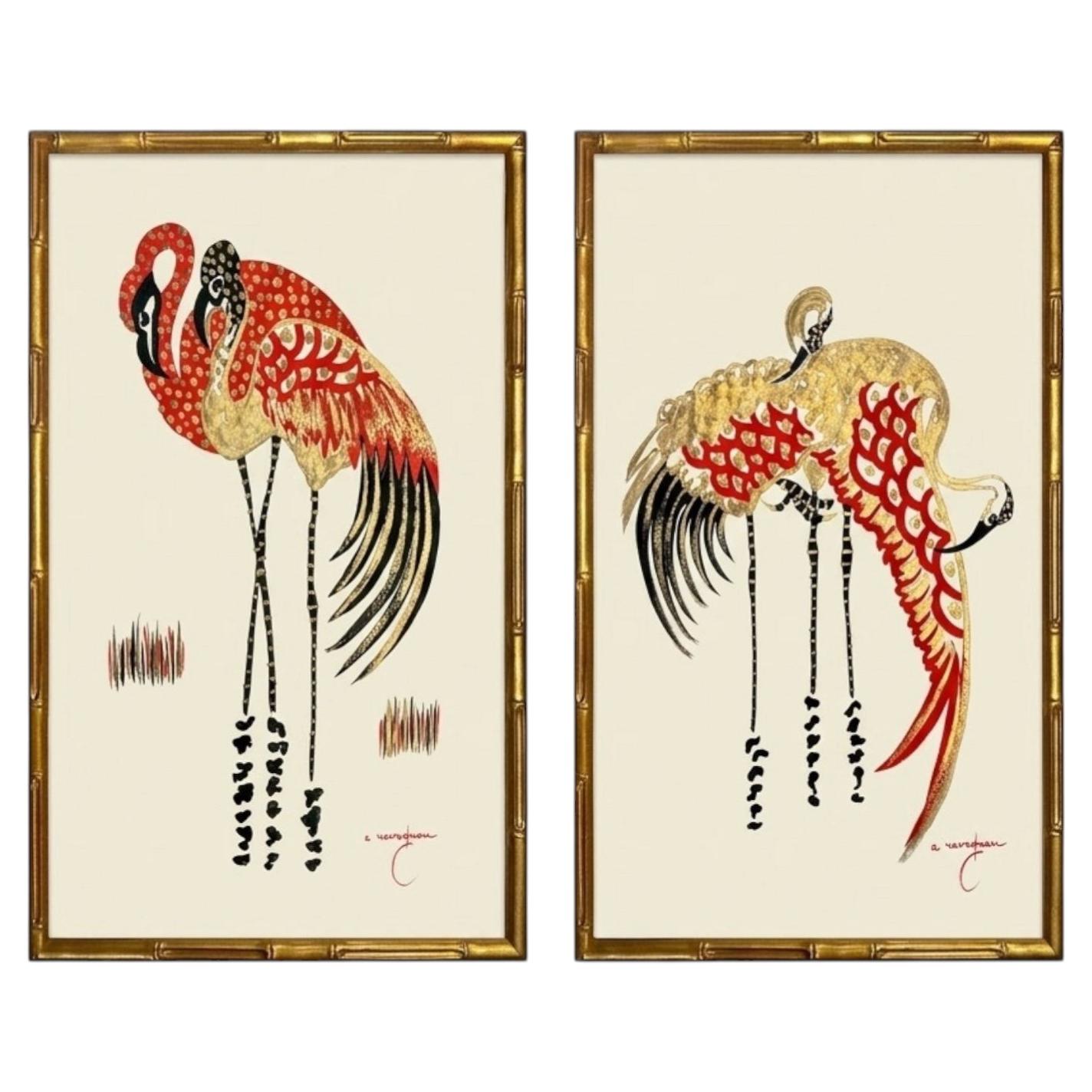 Mid-Century Venetian Modern Framed Bamboo Paintings A. Ravagnan Flamingos -S/2 For Sale