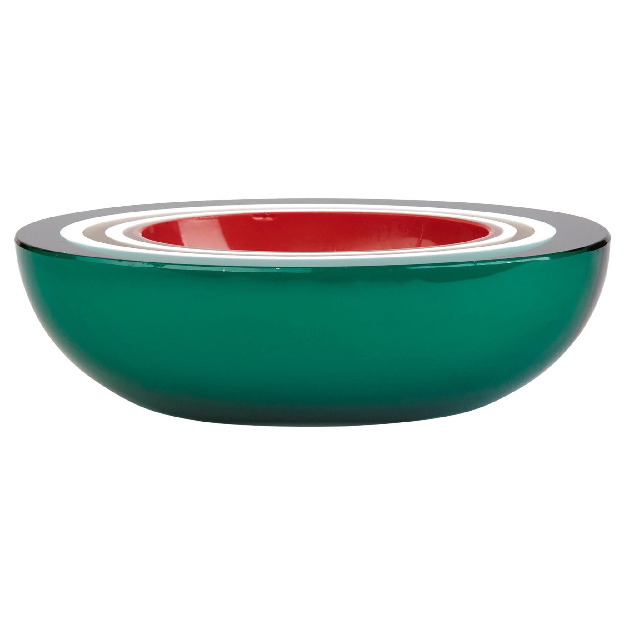 Midcentury Murano Layered Green Case Art Glass Bowl at 1stDibs