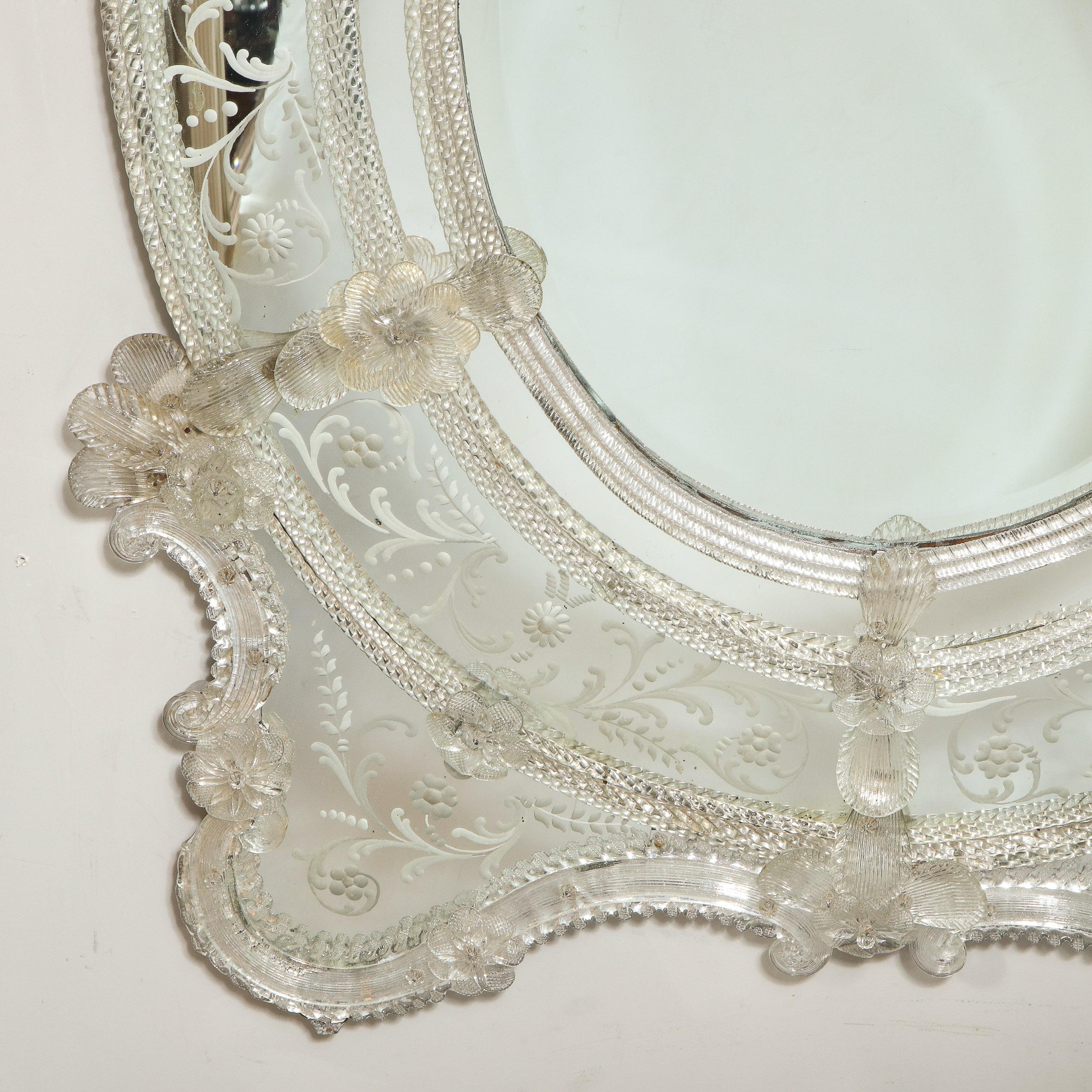 Mid Century Venetian Reverse Eglomise Braided Cartouche Mirror w/ Murano Florets 4