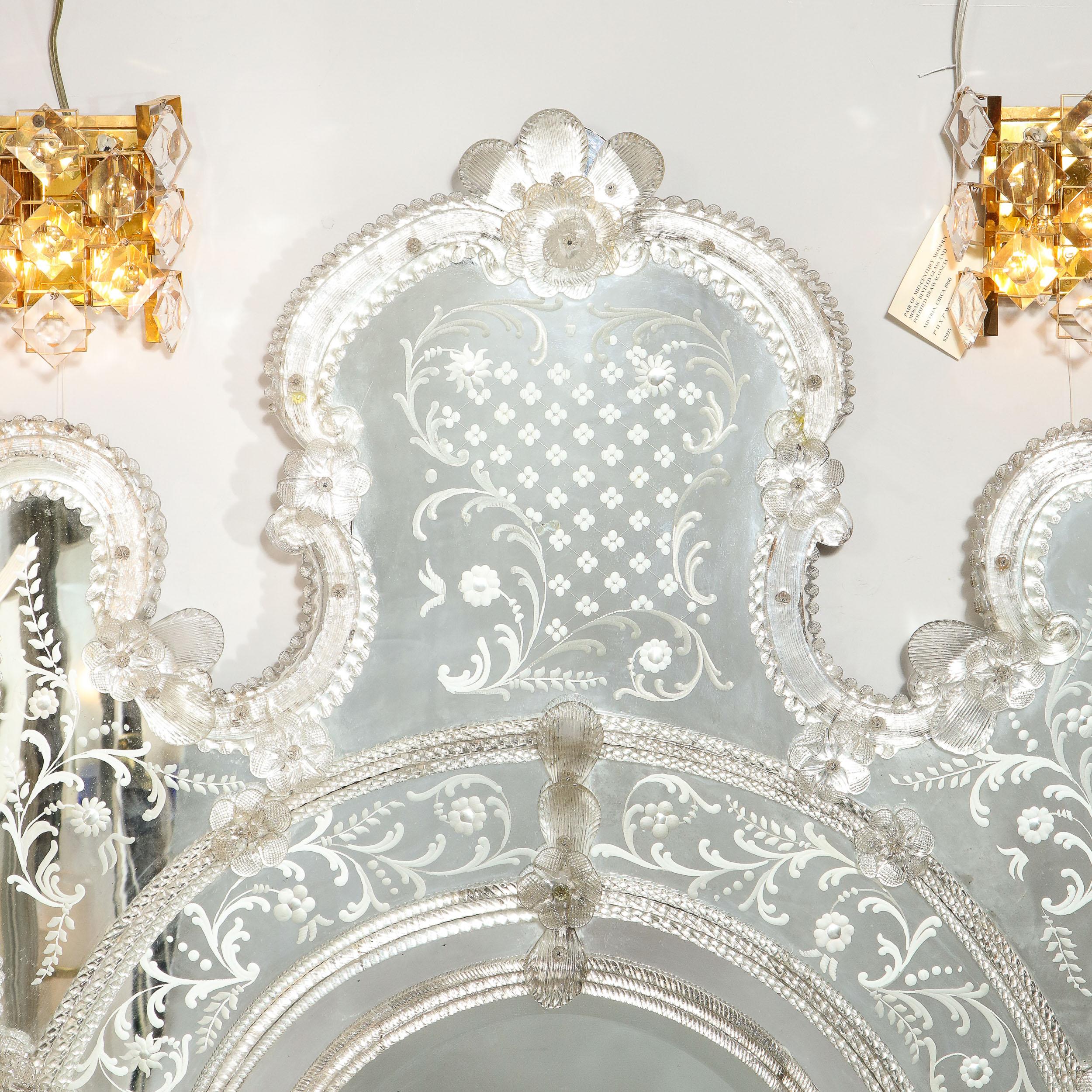 Mid Century Venetian Reverse Eglomise Braided Cartouche Mirror w/ Murano Florets 5
