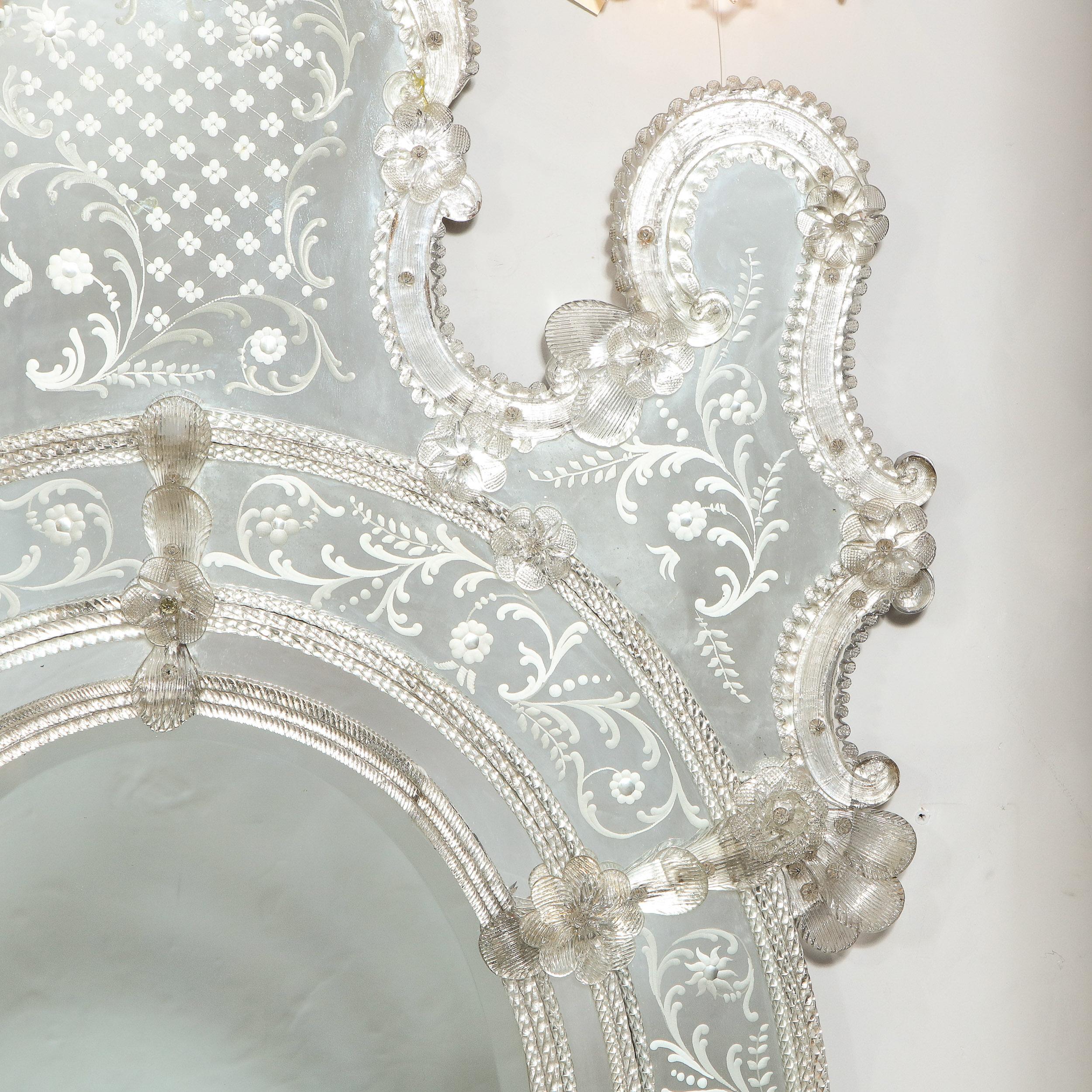 Mid Century Venetian Reverse Eglomise Braided Cartouche Mirror w/ Murano Florets 7