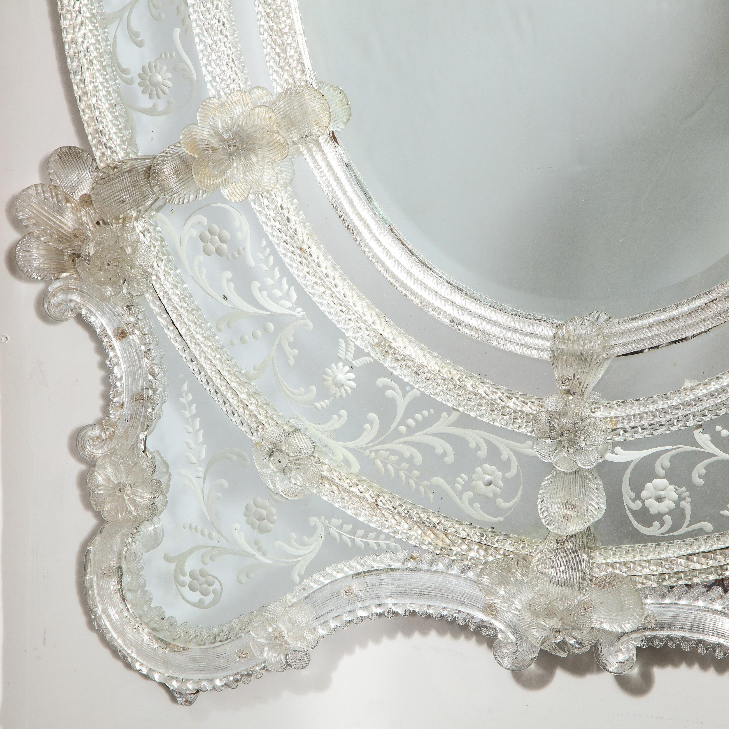 Mid-Century Modern Mid Century Venetian Reverse Eglomise Braided Cartouche Mirror w/ Murano Florets