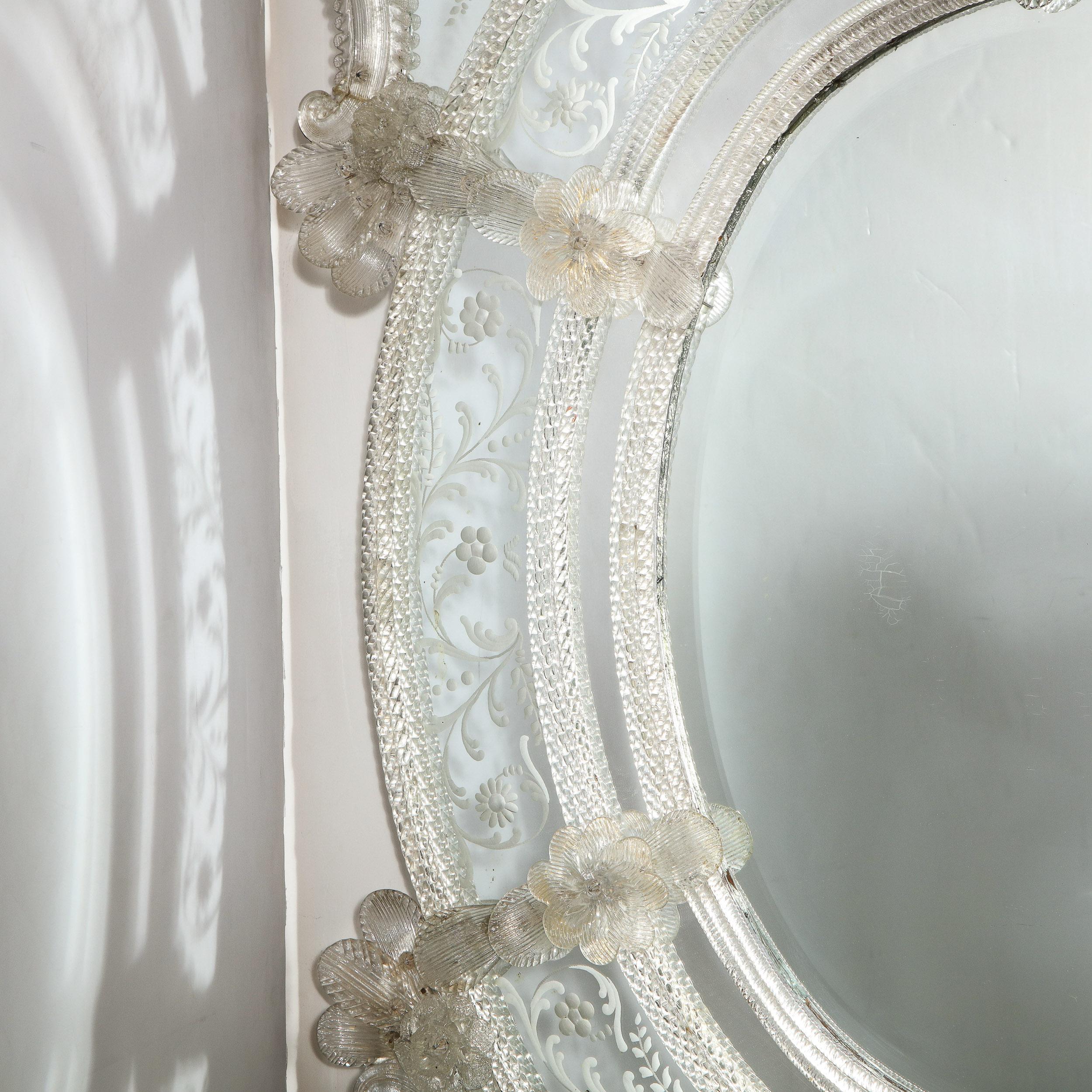 Italian Mid Century Venetian Reverse Eglomise Braided Cartouche Mirror w/ Murano Florets