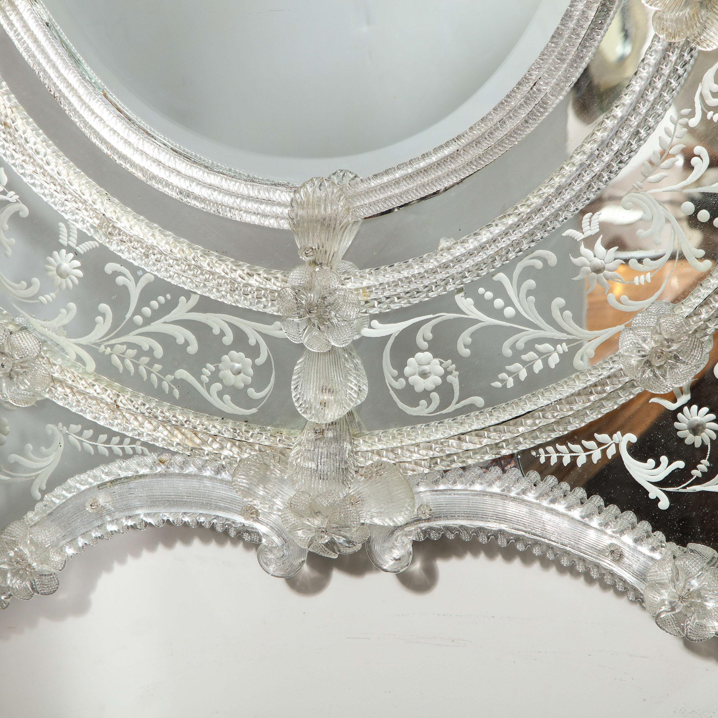 Mid Century Venetian Reverse Eglomise Braided Cartouche Mirror w/ Murano Florets 2