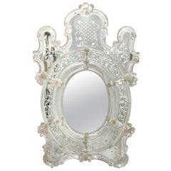 Mid Century Venetian Reverse Eglomise Braided Cartouche Mirror w/ Murano Florets