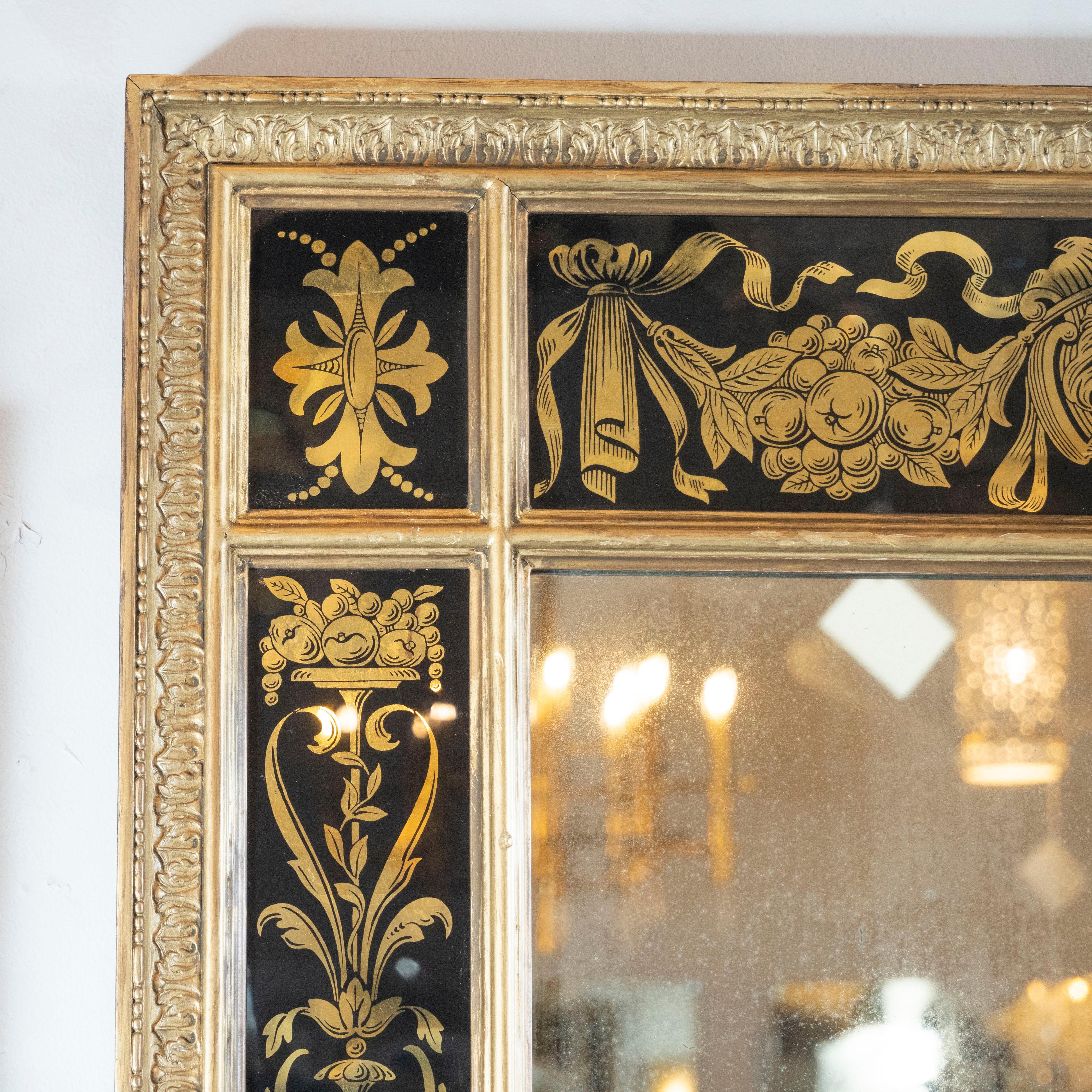 Midcentury Venetian Reverse Églomisé Gilded Wall Mirror w/ Neoclassical Details In Excellent Condition In New York, NY