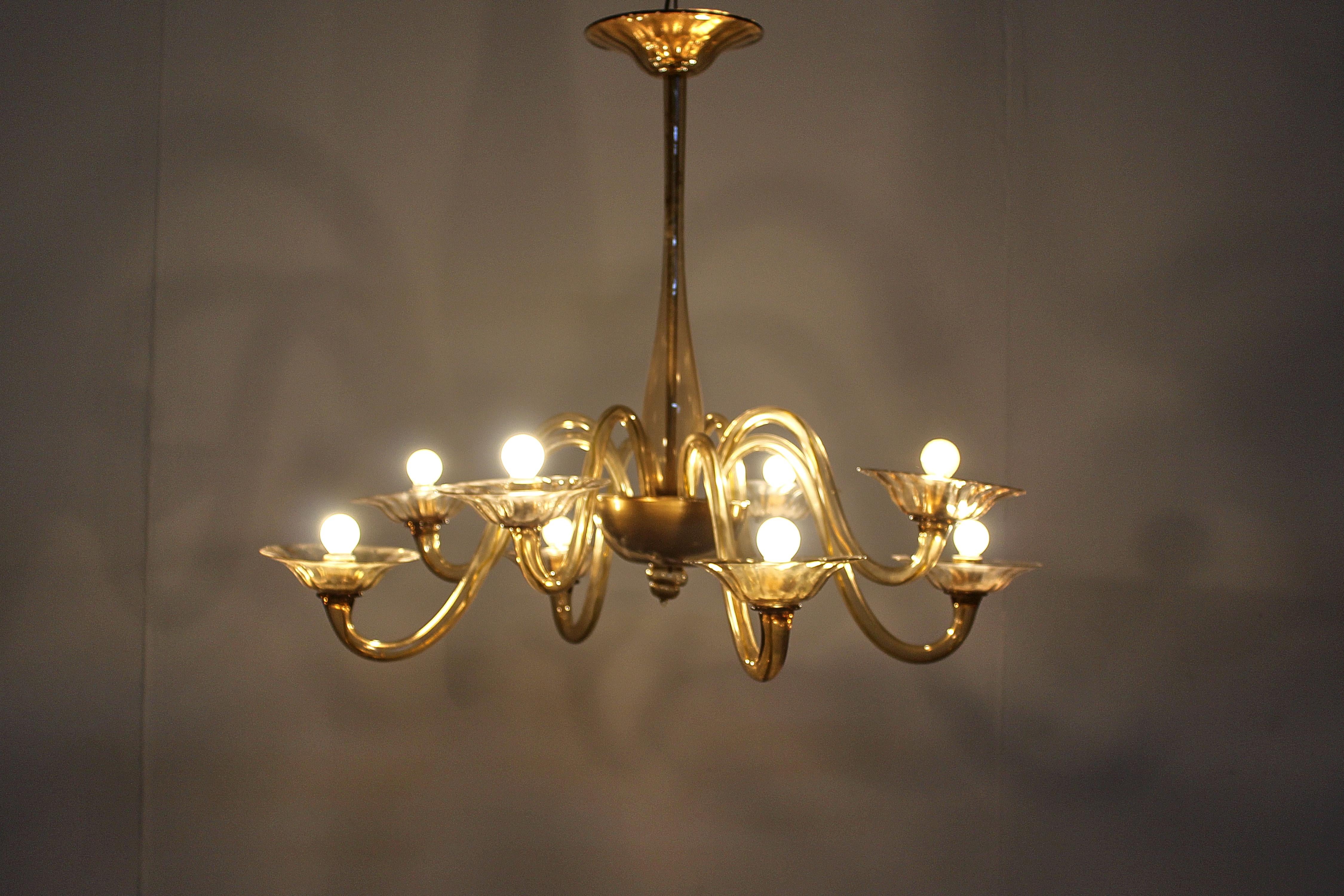 Mid-Century Venini Eigth Arms Classic Amber Murano Glass Chandelier Italy 30s 5