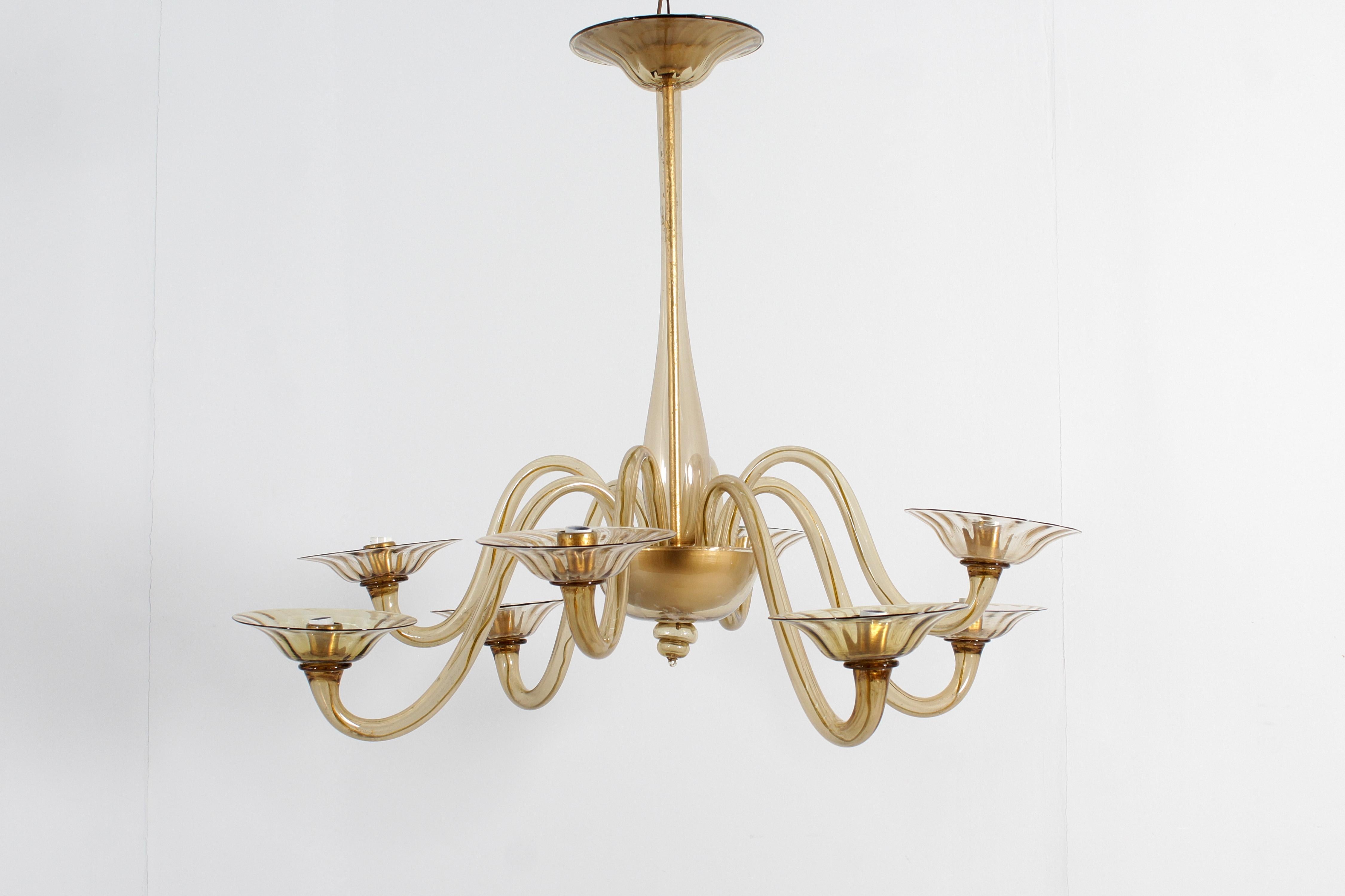 Mid-Century Modern Mid-Century Venini Eigth Arms Classic Amber Murano Glass Chandelier Italy 30s