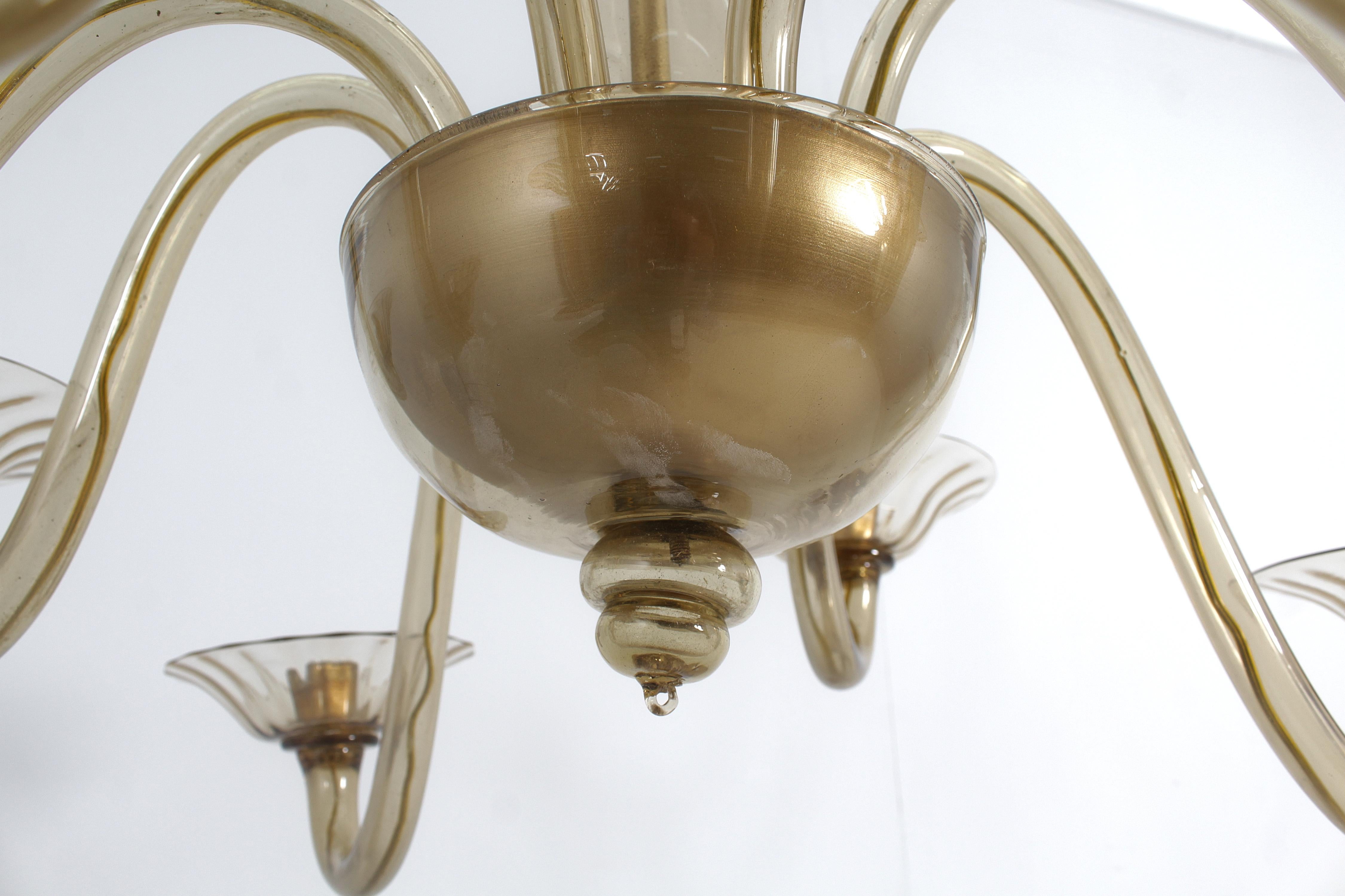 Mid-Century Venini Eigth Arms Classic Amber Murano Glass Chandelier Italy 30s In Good Condition In Palermo, IT