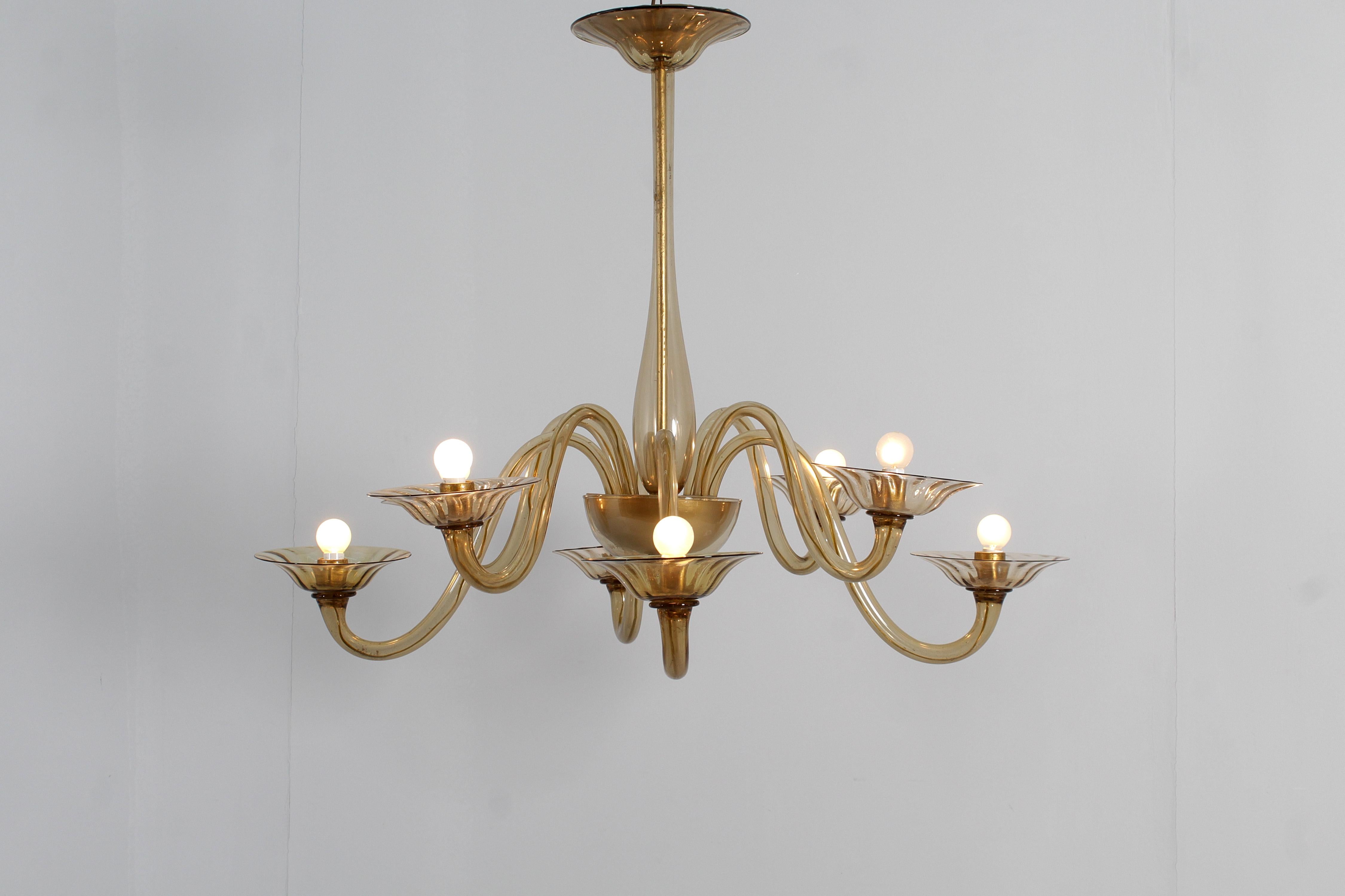 Mid-Century Venini Eigth Arms Classic Amber Murano Glass Chandelier Italy 30s 1