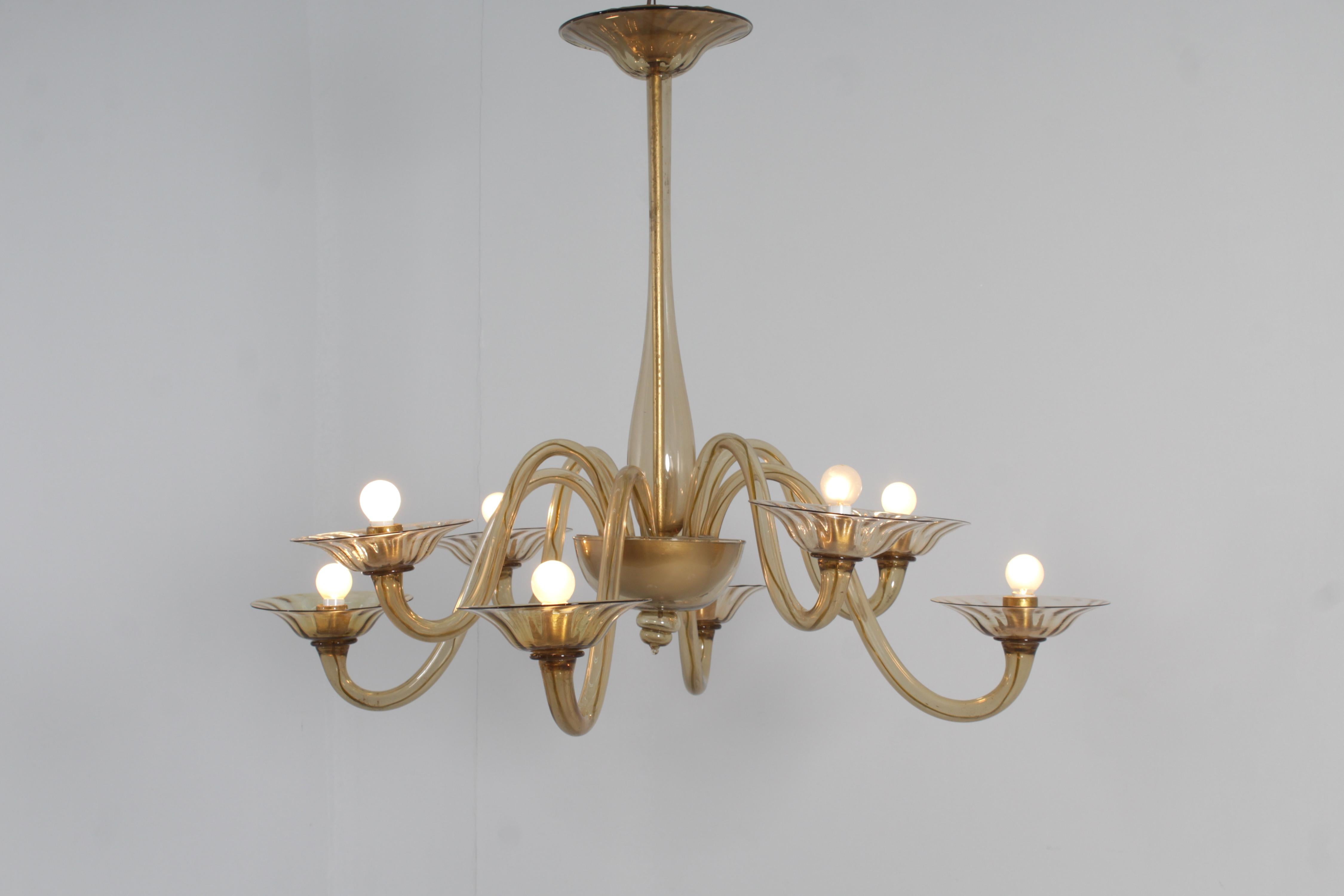 Mid-Century Venini Eigth Arms Classic Amber Murano Glass Chandelier Italy 30s 2