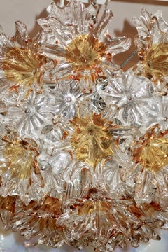Midcentury Venini Esprit Chandelier with Amber and Clear Murano Flowers