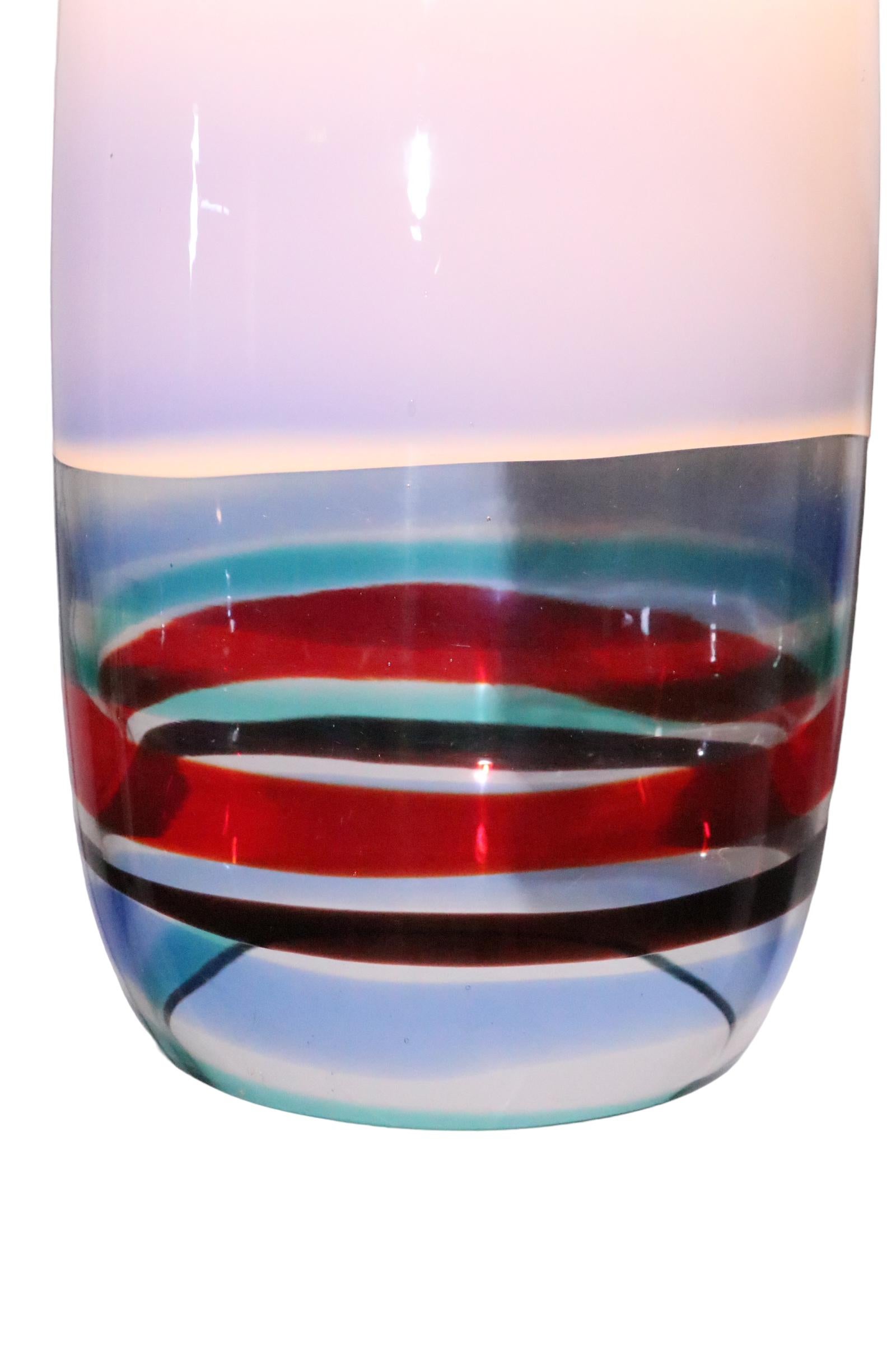 Stunning Massimo Vignelli designed Sigaro pendant shade, made by Venini, circa 1950's. The oblong glass shade has a blue body with a polychrome tip ( like a lit cigar ). This example is in very fine condition, we have had it professionally rewired, 