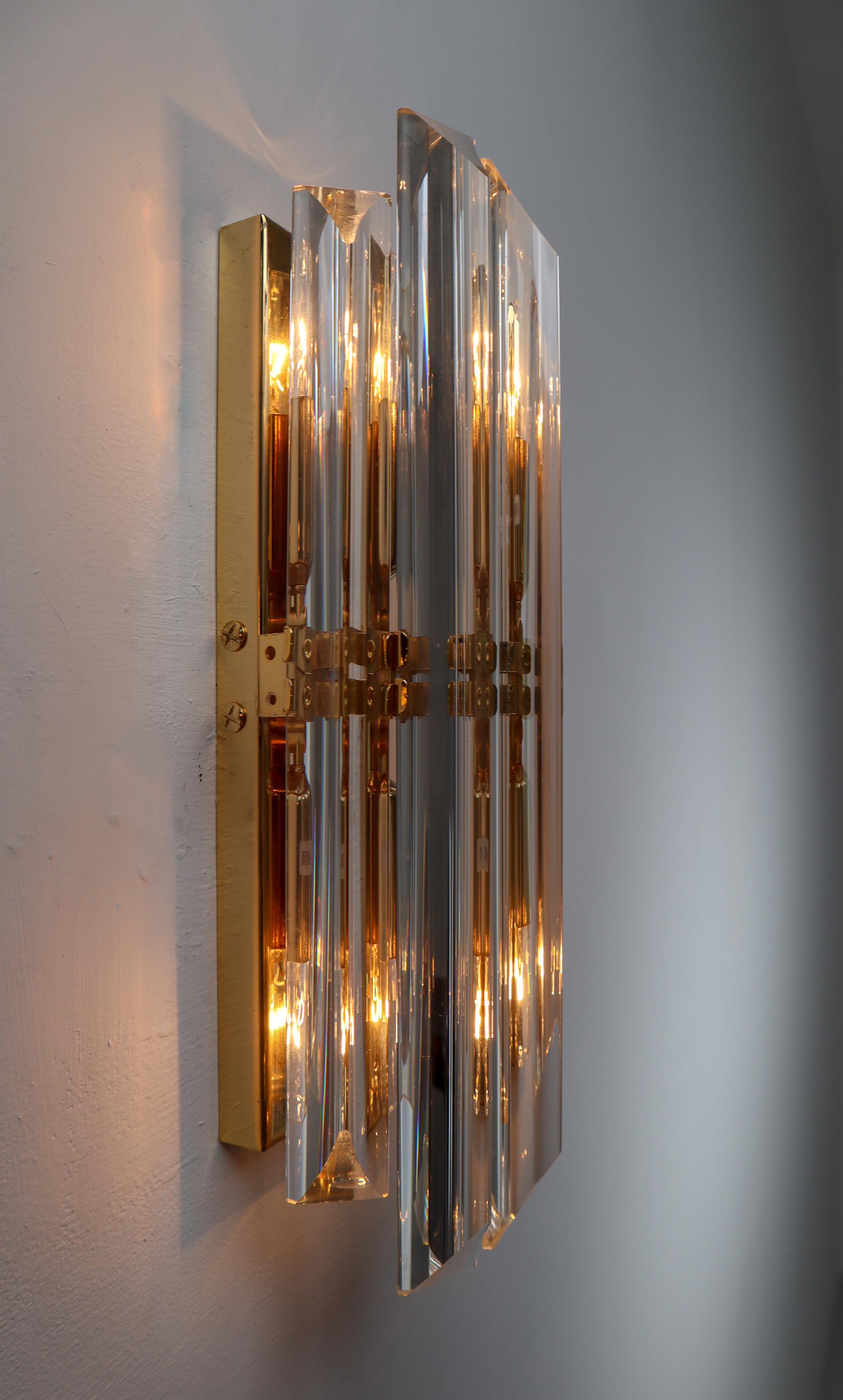 Mid-Century Venini Style Murano Glass and Gilt Brass Sconces, Italy 1960s 1