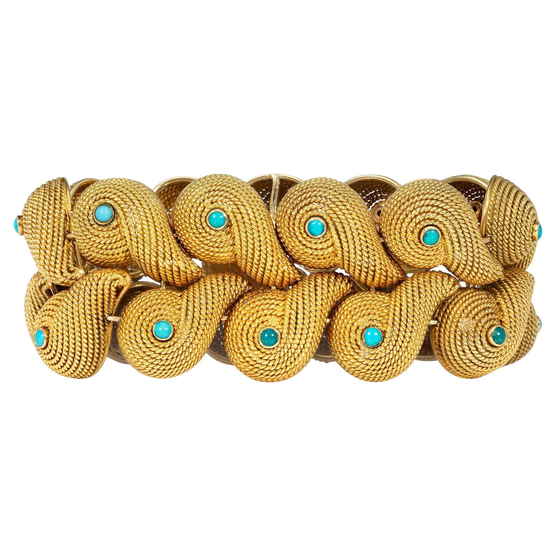 Ventrella, Bracciale Roma in oro e turchese a volute sovrapposte di metà secolo in vendita