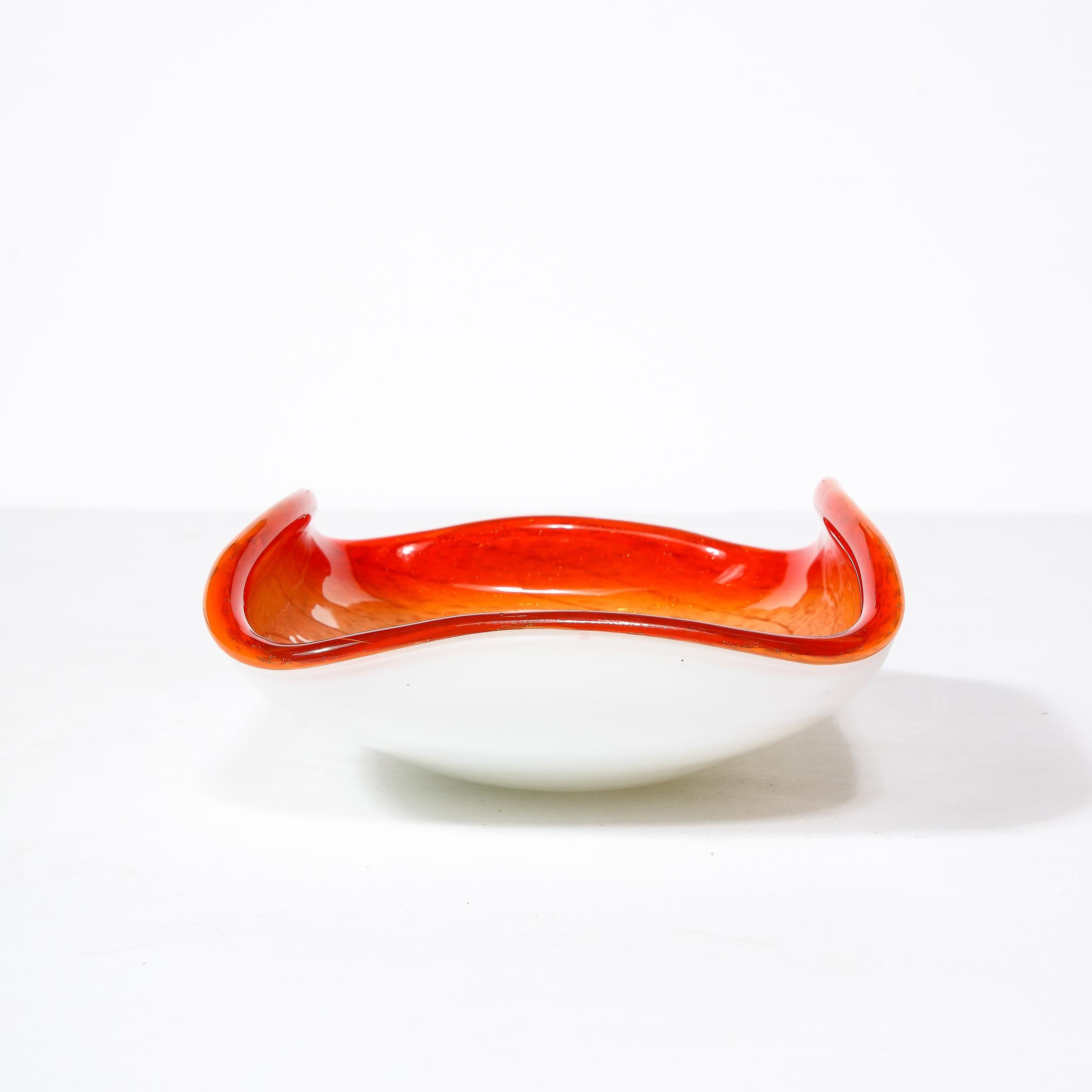 Mid-Century Vermillion & Orange Spiral w/ White Undersurface Murano Glass Dish For Sale 8
