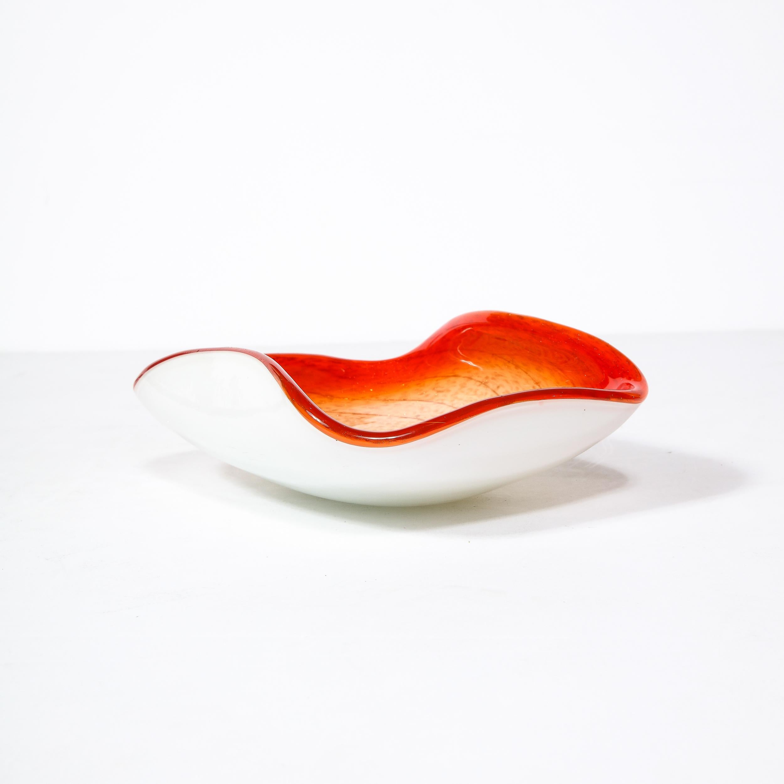 Mid-Century Vermillion & Orange Spiral w/ White Undersurface Murano Glass Dish For Sale 9