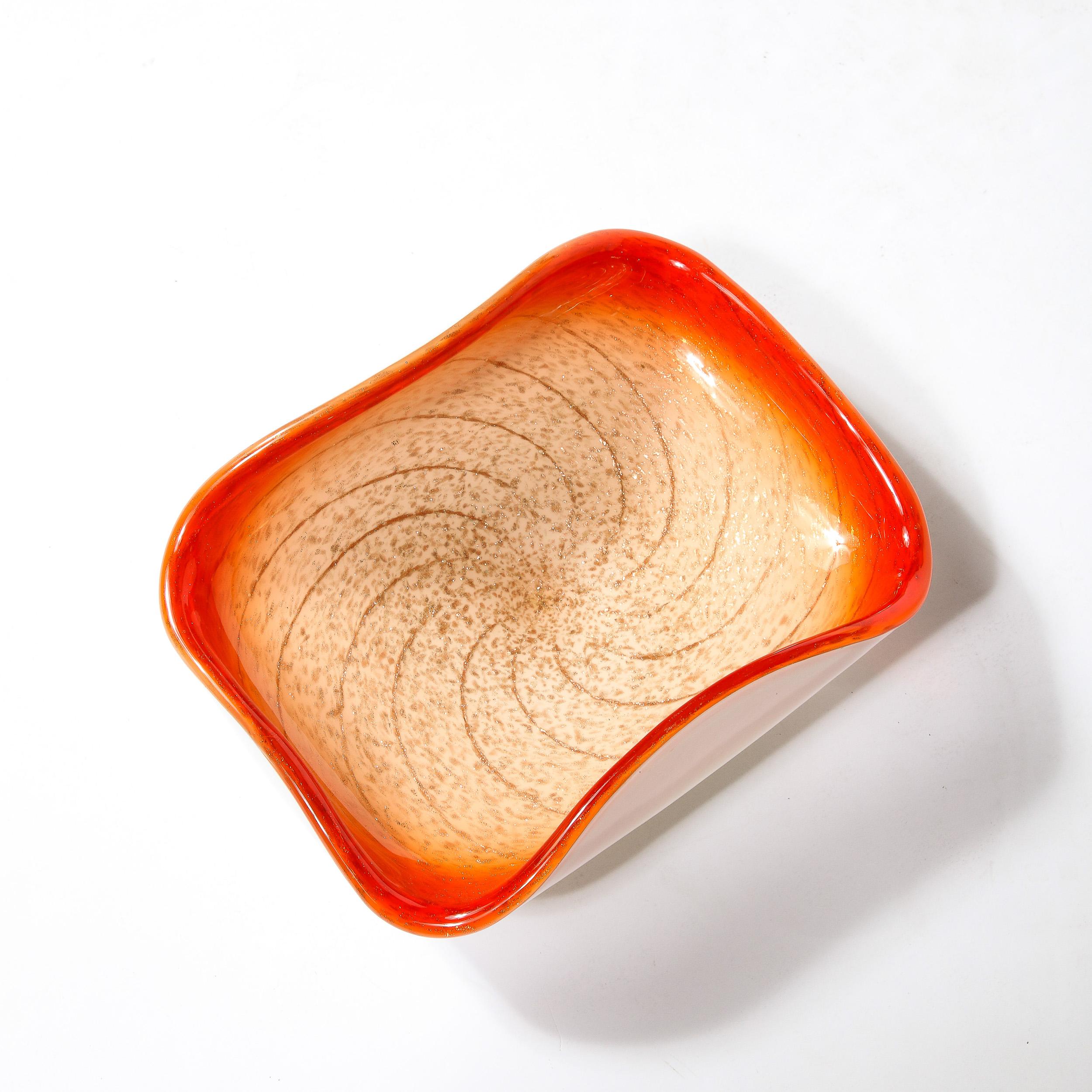 Mid-Century Vermillion & Orange Spiral w/ White Undersurface Murano Glass Dish For Sale 1