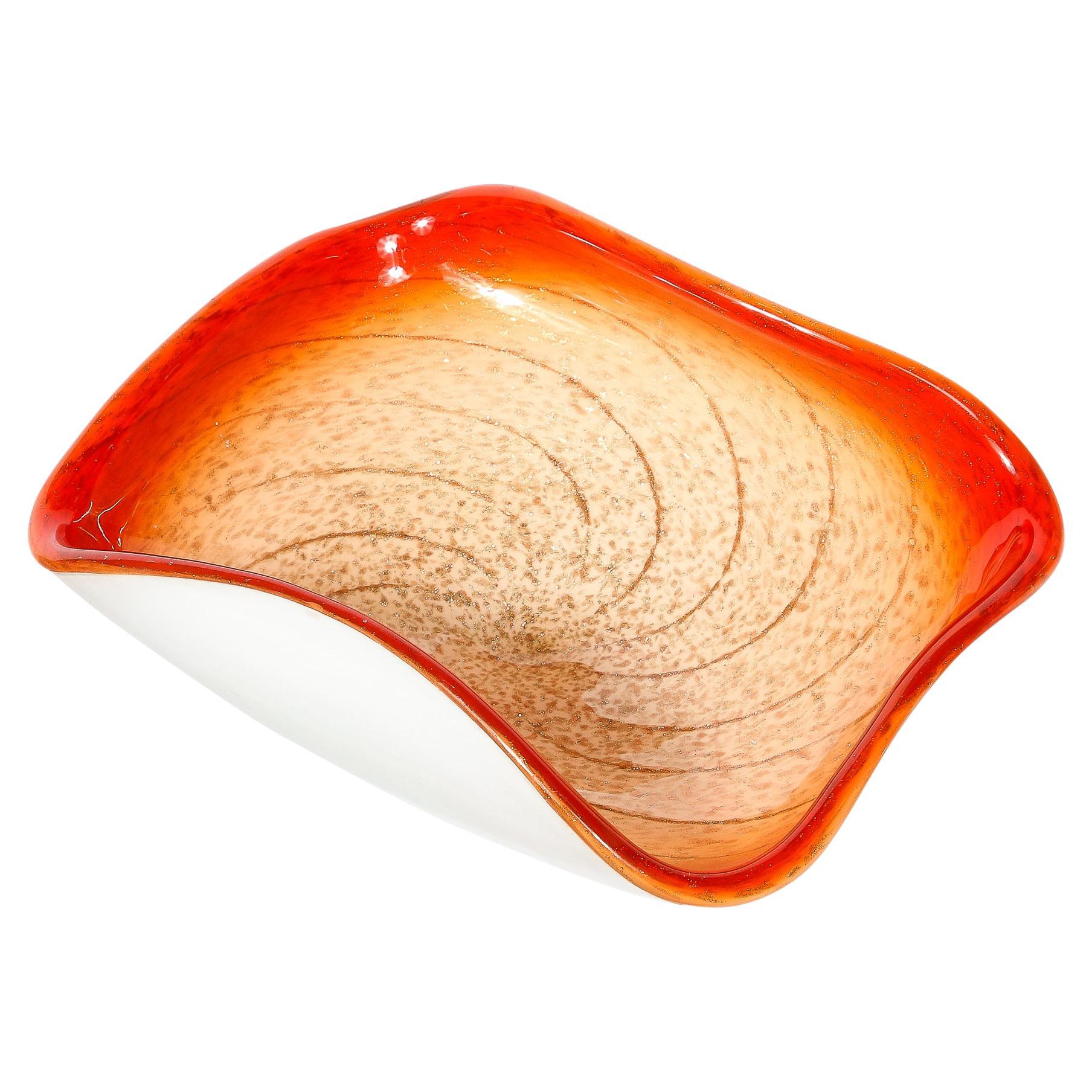 Mid-Century Vermillion & Orange Spiral w/ White Undersurface Murano Glass Dish For Sale