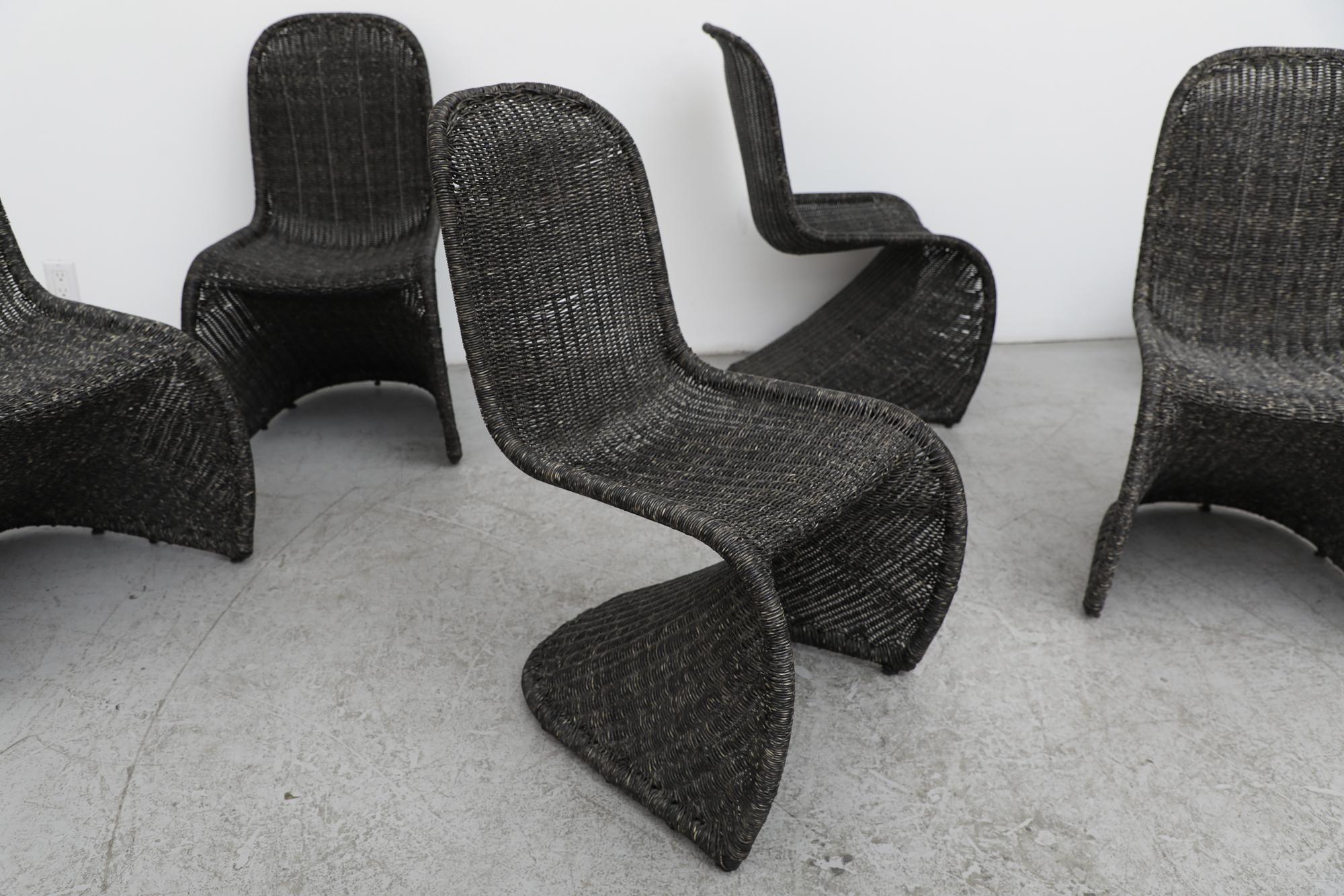 Dutch Set of Six Mid-Century Verner Panton Style Stacking Wicker Rattan Chairs For Sale