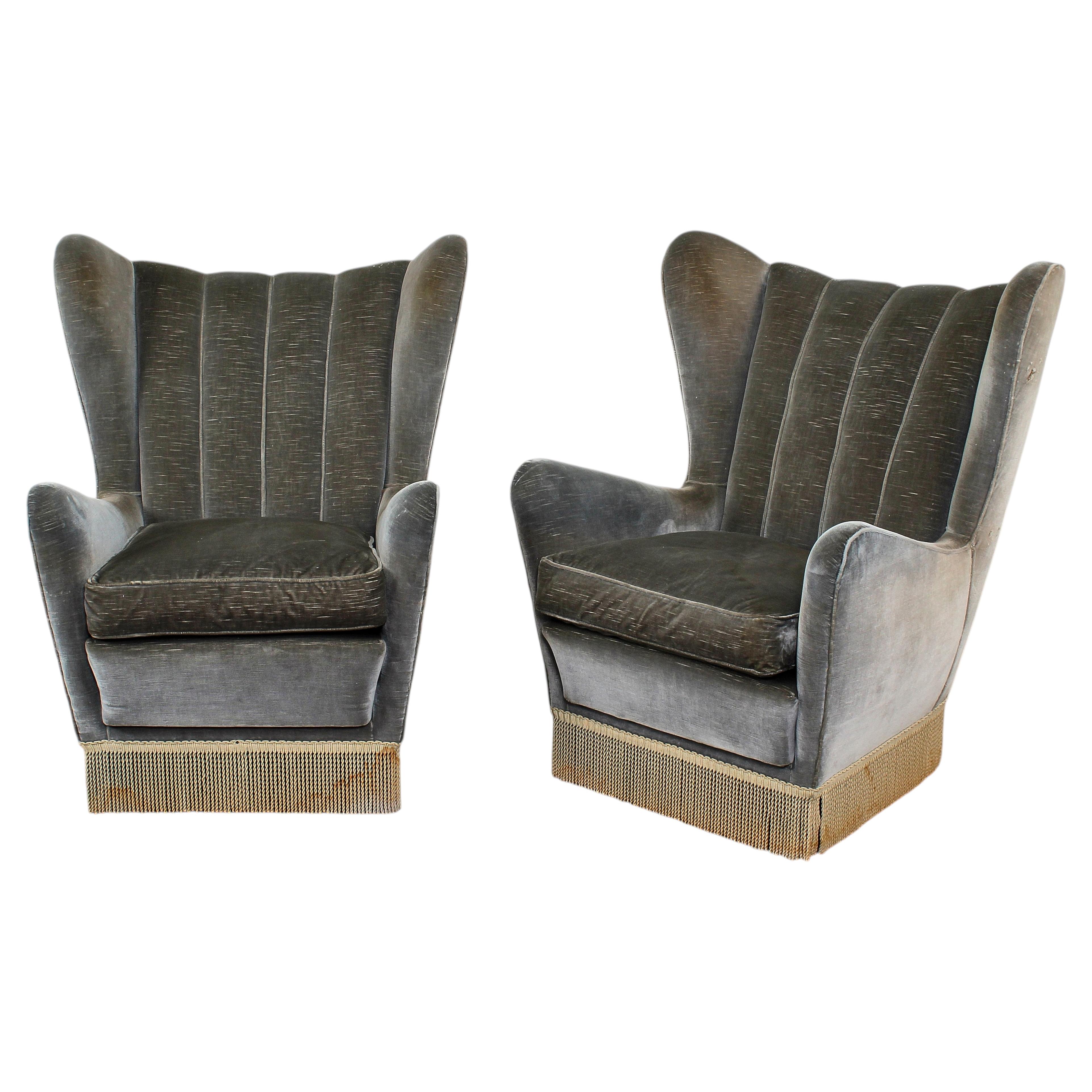 Paire de fauteuils du milieu du siècle Veronesi (attr) ISA Green Gray Velvet Italie années 50