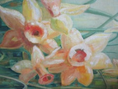 Mid-Century Vertical Floral Painting of Daffodils, Vibrant Yellow, Green Palette