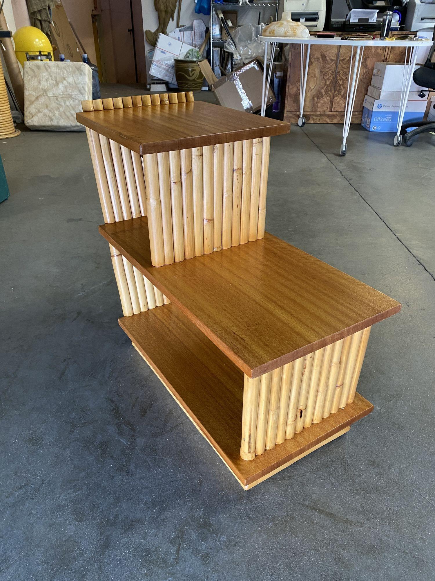 Mid-20th Century Restored Mid-Century Vertically Stacked Geometric Rattan Side Table, Mahogany  For Sale