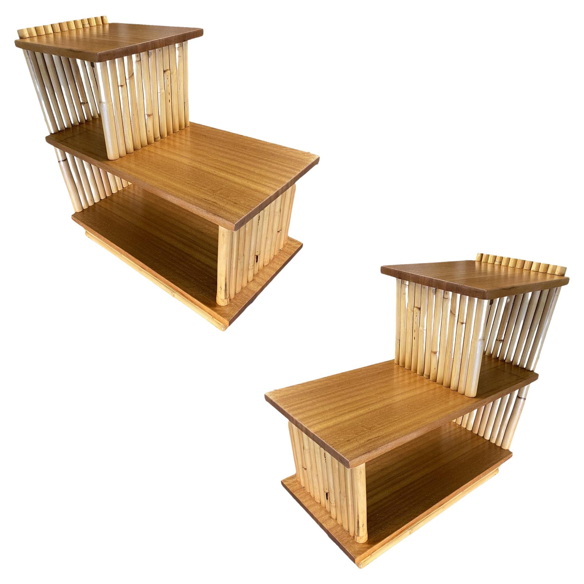 Restored Mid-Century Vertically Stacked Geometric Rattan Side Table, Mahogany For Sale