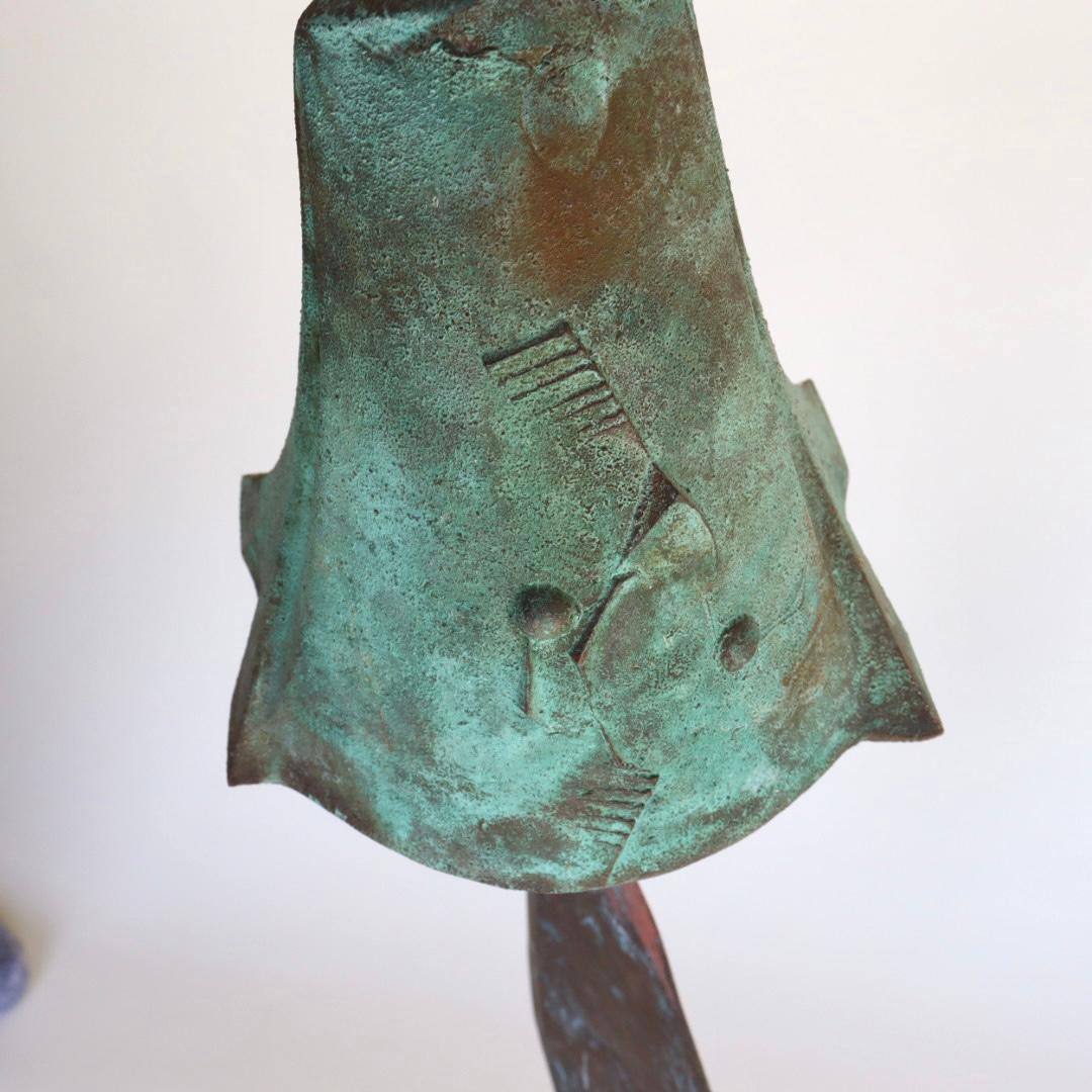 A very large patinated bronze windbell sculpture by Paolo Soleri (Italy, later America; 1919-2014). Beautiful, substantial Mid Century wind chime bell visually striking verdigris patina. Signed, embossed design, hallmarked. circa
