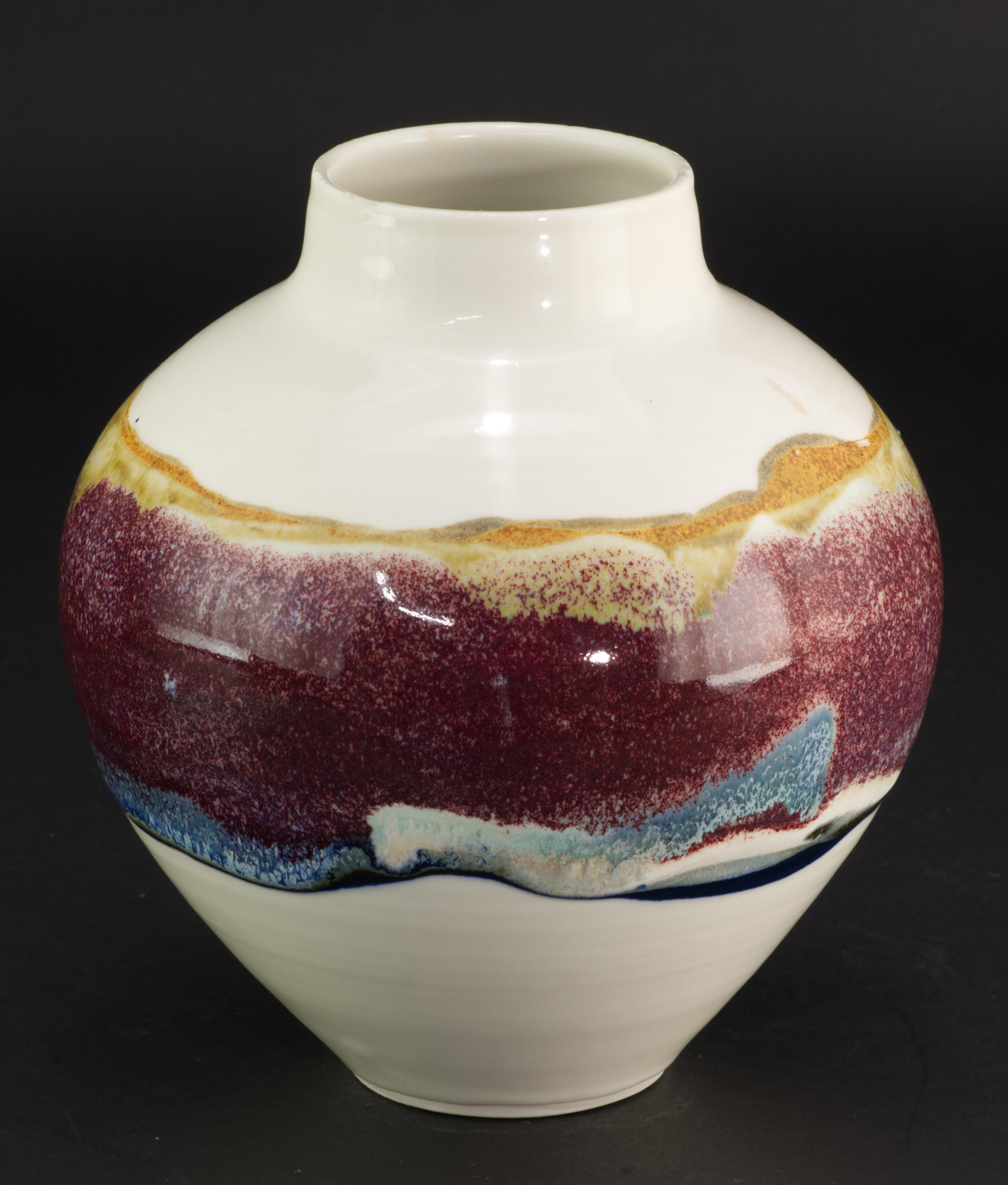 Mid-Century Vibrant Art Ceramics Vase Fat Lava Glaze In Fair Condition For Sale In Clifton Springs, NY
