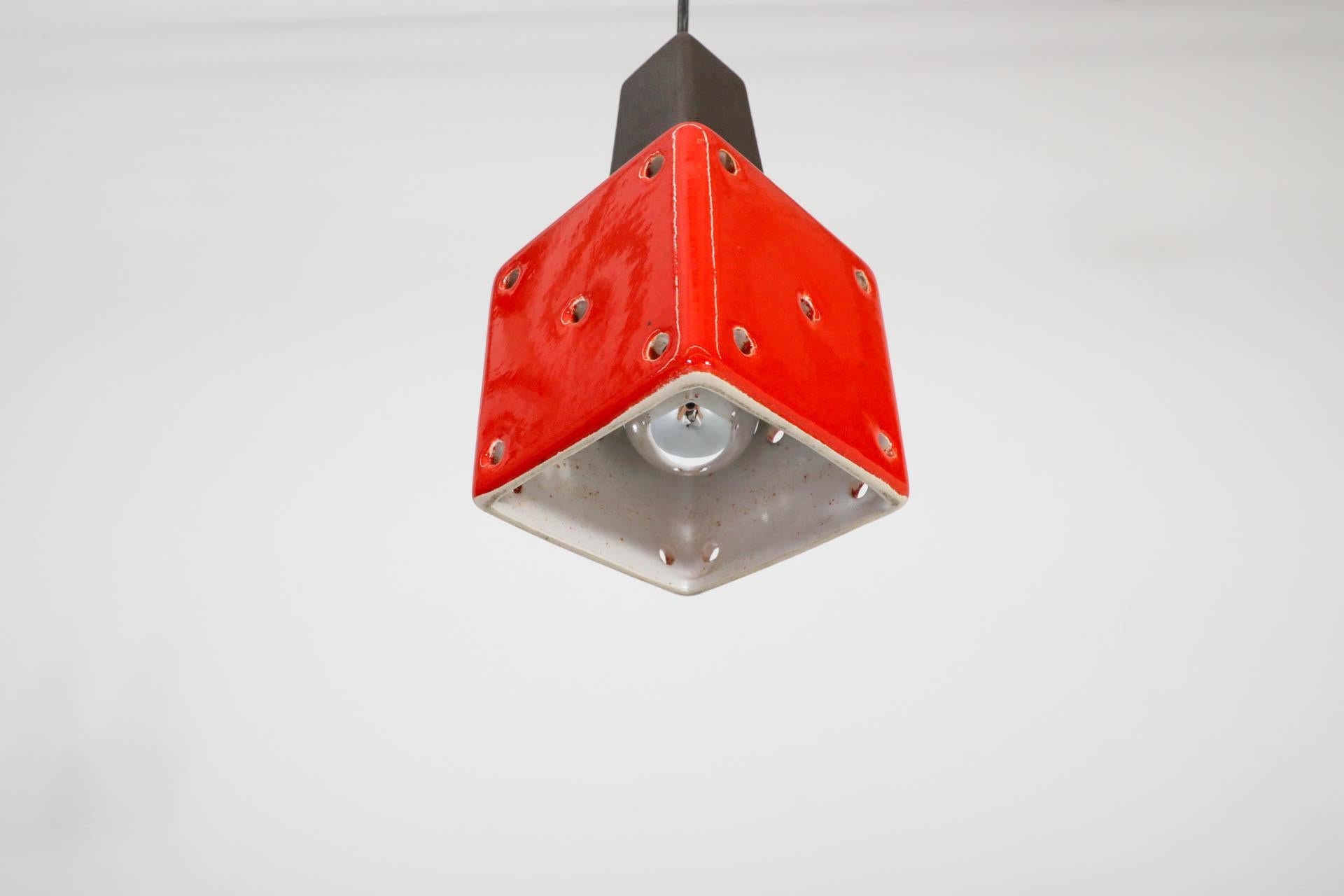 Mid-Century Vibrant Red-Orange Ceramic Ceiling Pendant with Cut-Outs For Sale 3