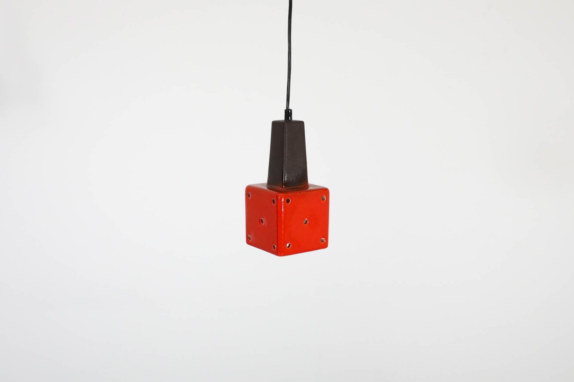 German Mid-Century Vibrant Red-Orange Ceramic Ceiling Pendant with Cut-Outs For Sale