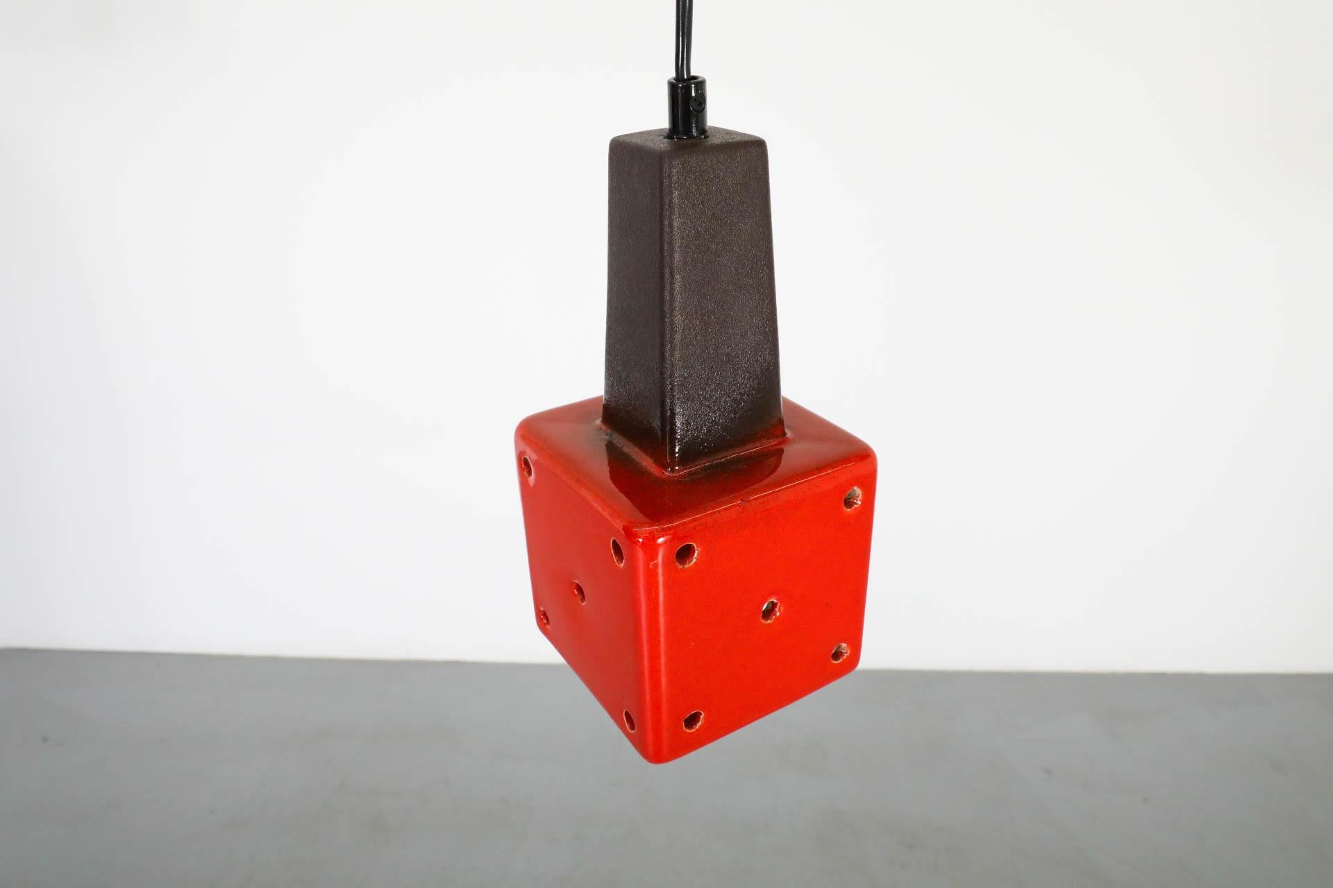 Mid-Century Vibrant Red-Orange Ceramic Ceiling Pendant with Cut-Outs In Good Condition For Sale In Los Angeles, CA