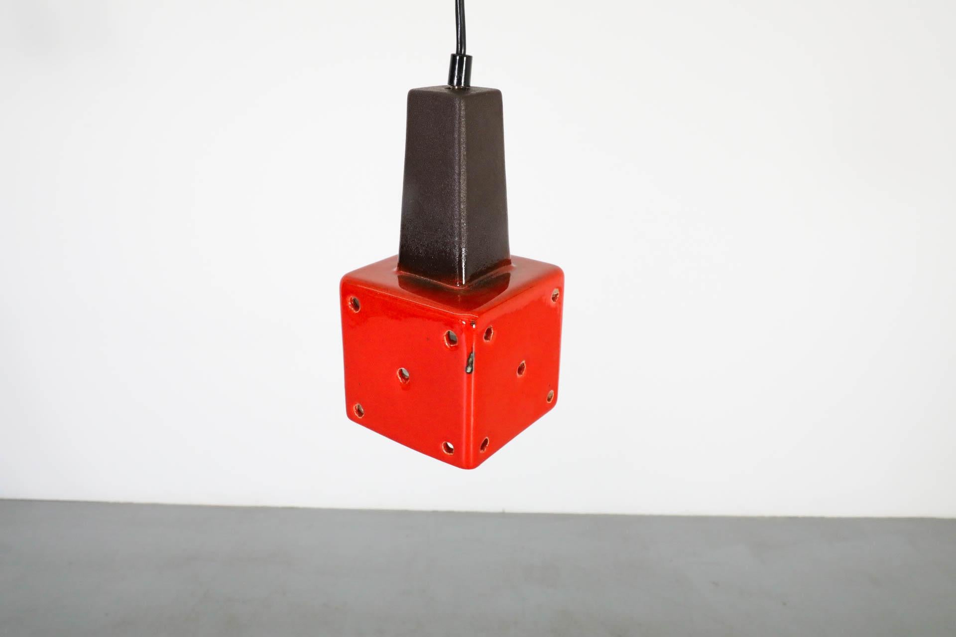 20th Century Mid-Century Vibrant Red-Orange Ceramic Ceiling Pendant with Cut-Outs For Sale